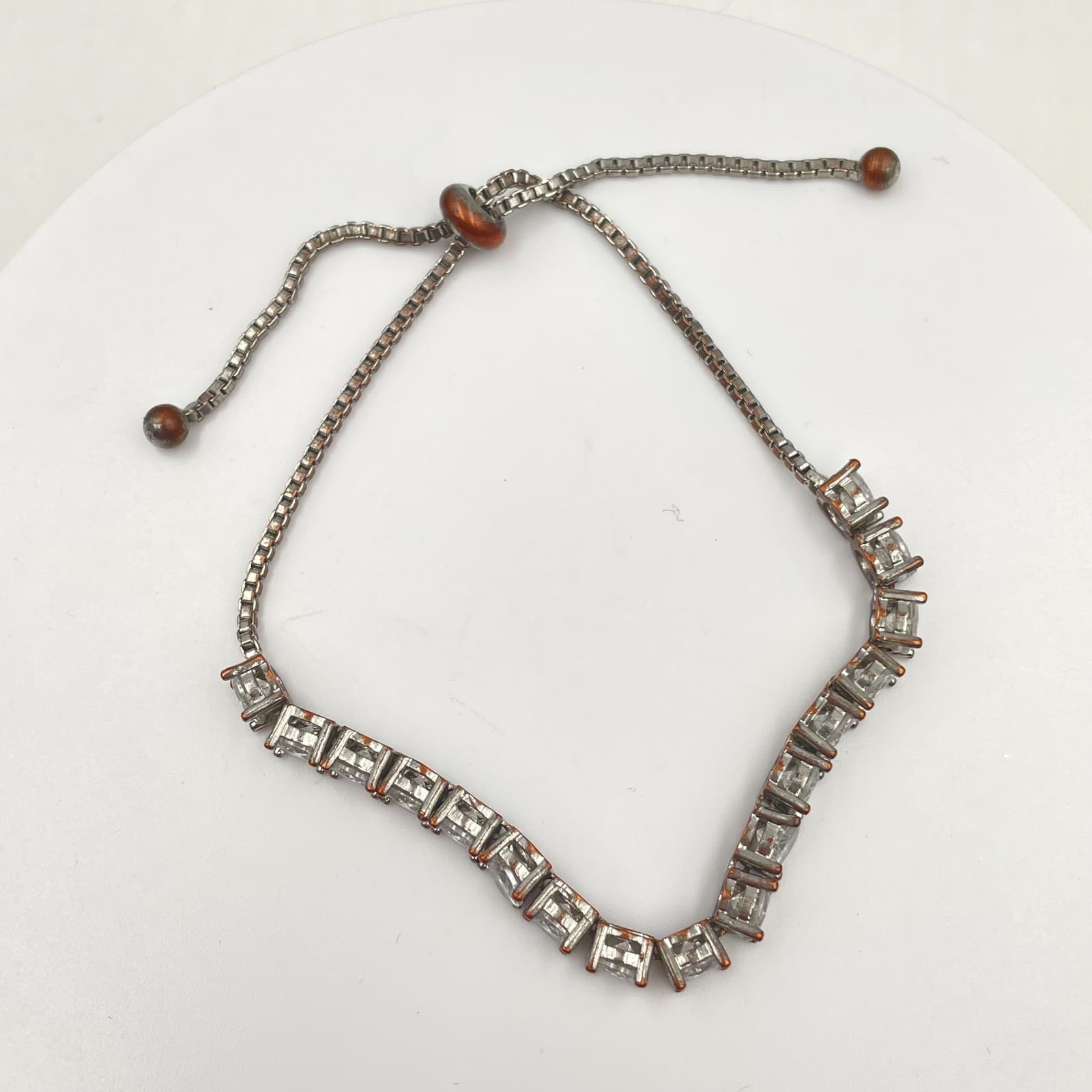 Vintage 90s Clear Rhinestone Tennis Bracelet Silver Tone Bolo Slider Chain - Thumbnail 2