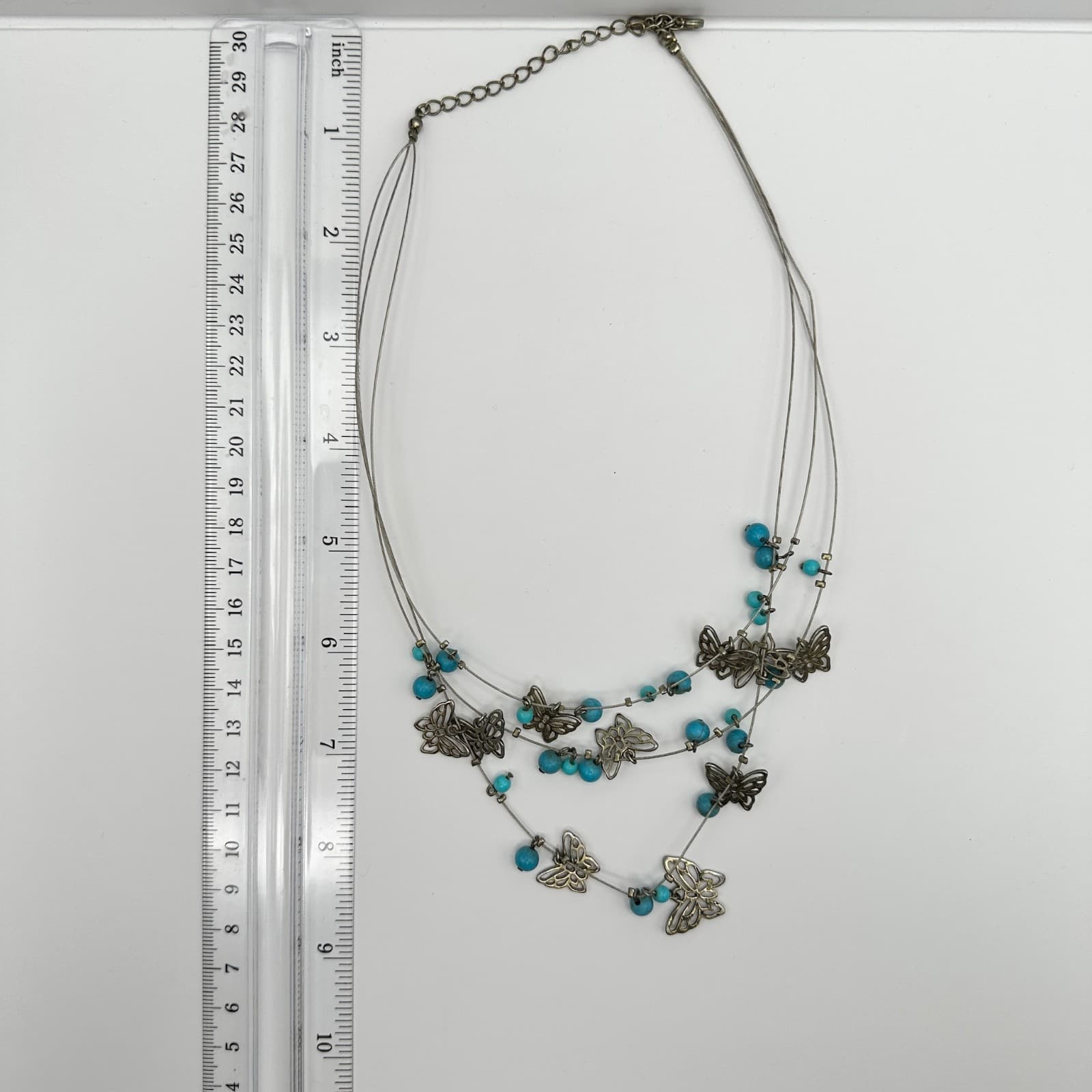 Vintage Layered Necklace Blue Stone Butterfly Silver Tone Women's Jewellery - Thumbnail 6