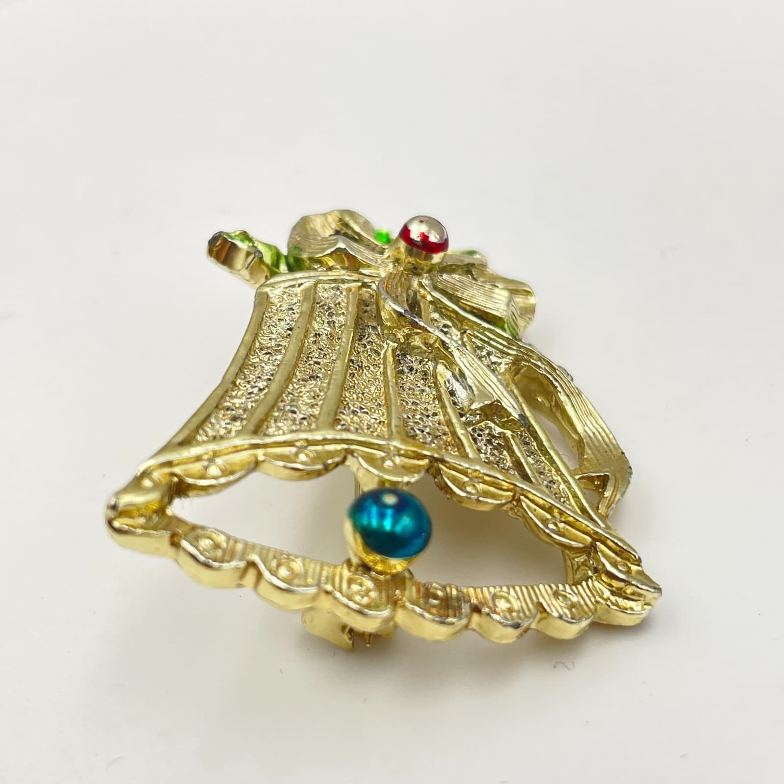 Vintage 80s Gerrys Christmas Bell Brooch GoldTone Enamel Holly Beads Pin Jewelry - Thumbnail 4