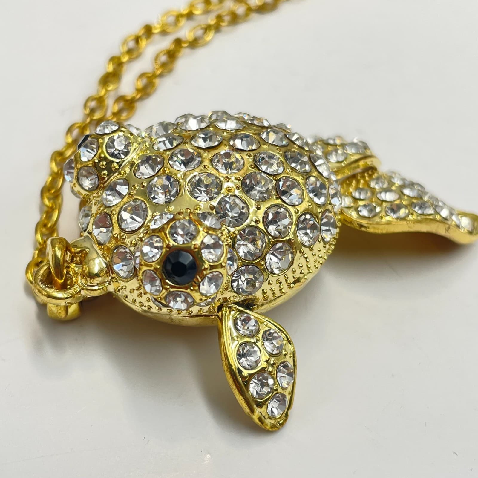 Vintage 90s Gold Tone Fish Pendant Necklace Clear Glass Classic Fashion Jewelry - Thumbnail 5