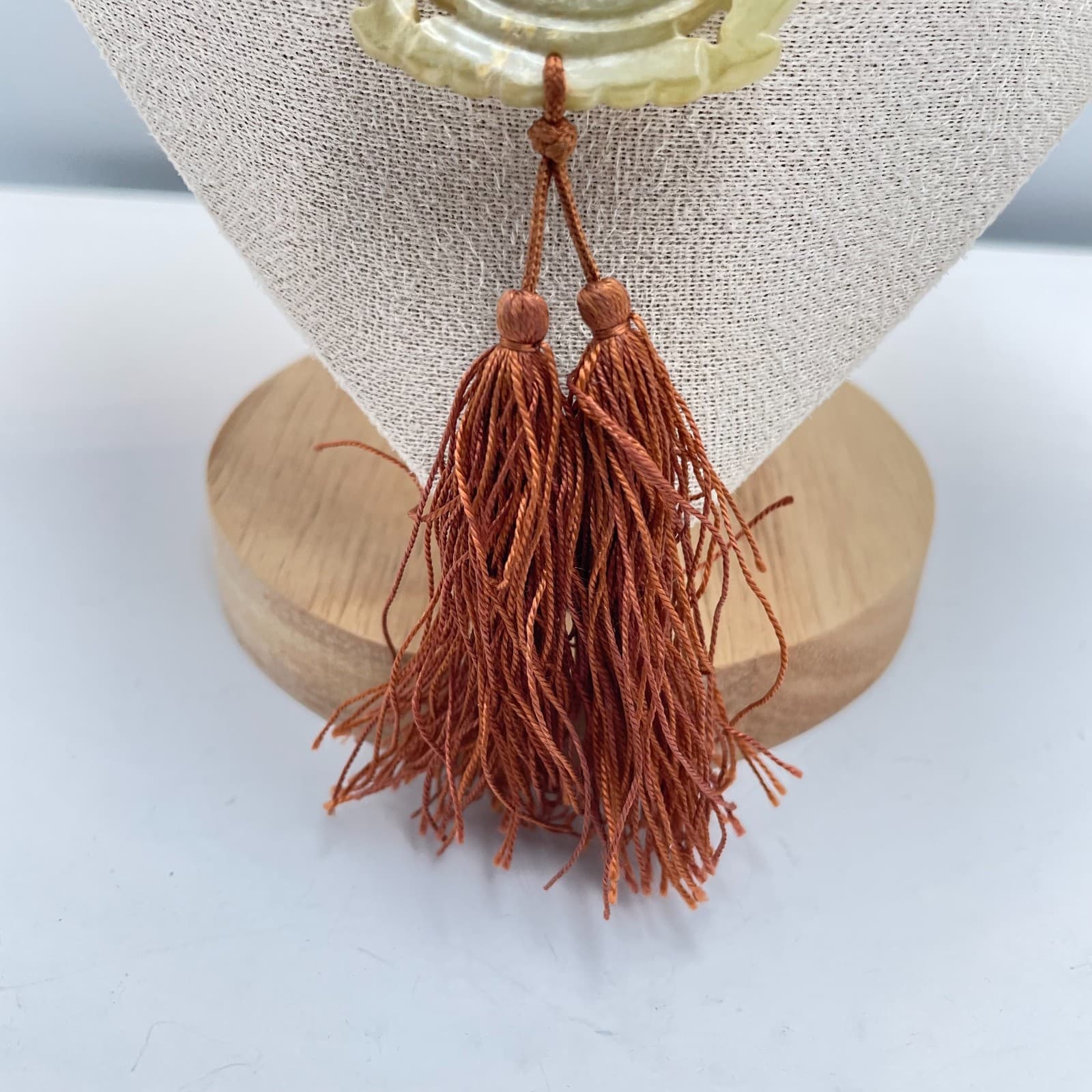 Vintage 90s Carved Celadon Pendant Necklace Tassel Brown Cord Boho Jewelry - Thumbnail 4