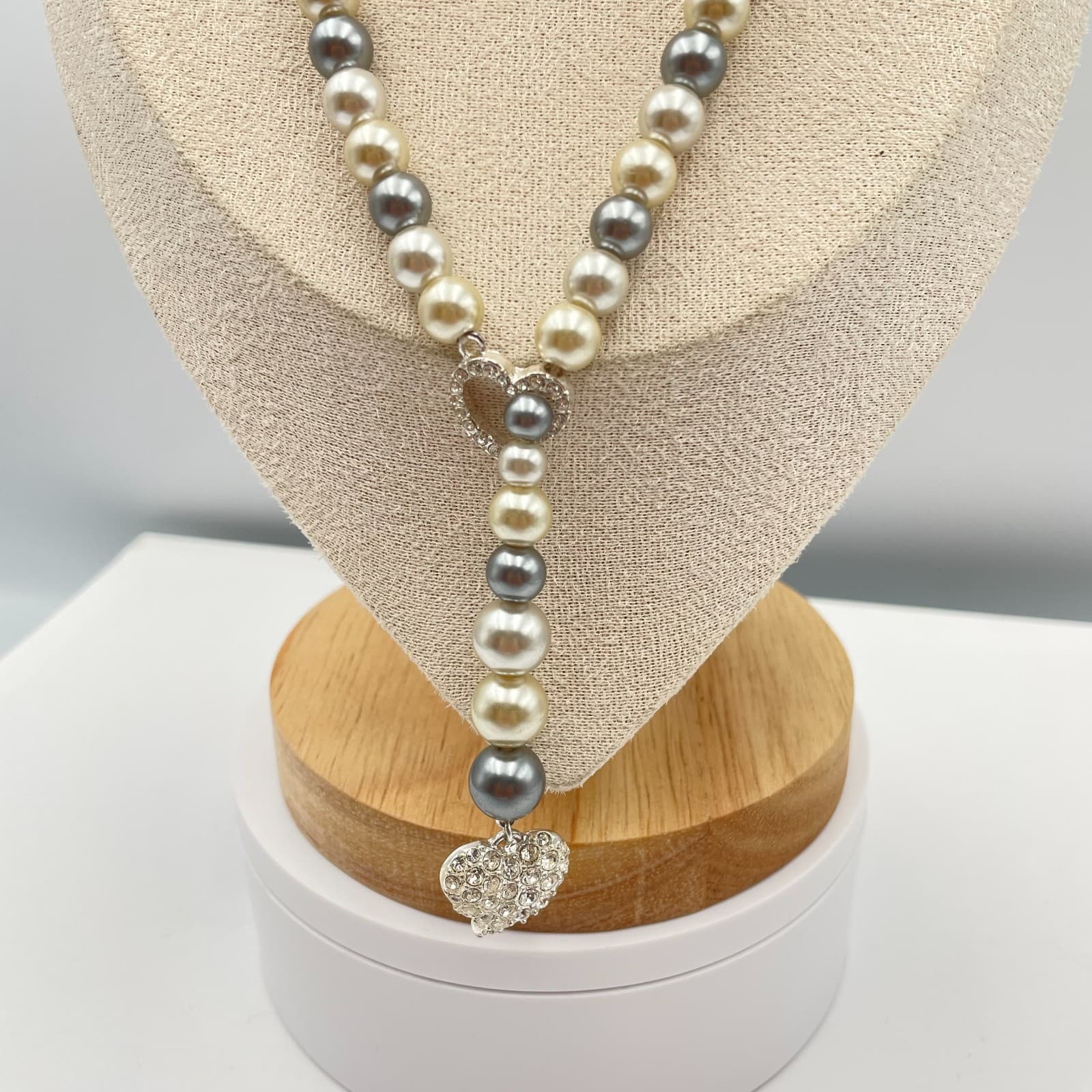 Vintage 90s Silver Tone Pearl Beaded Heart Pendant Necklace Women's Jewelry - Thumbnail 4