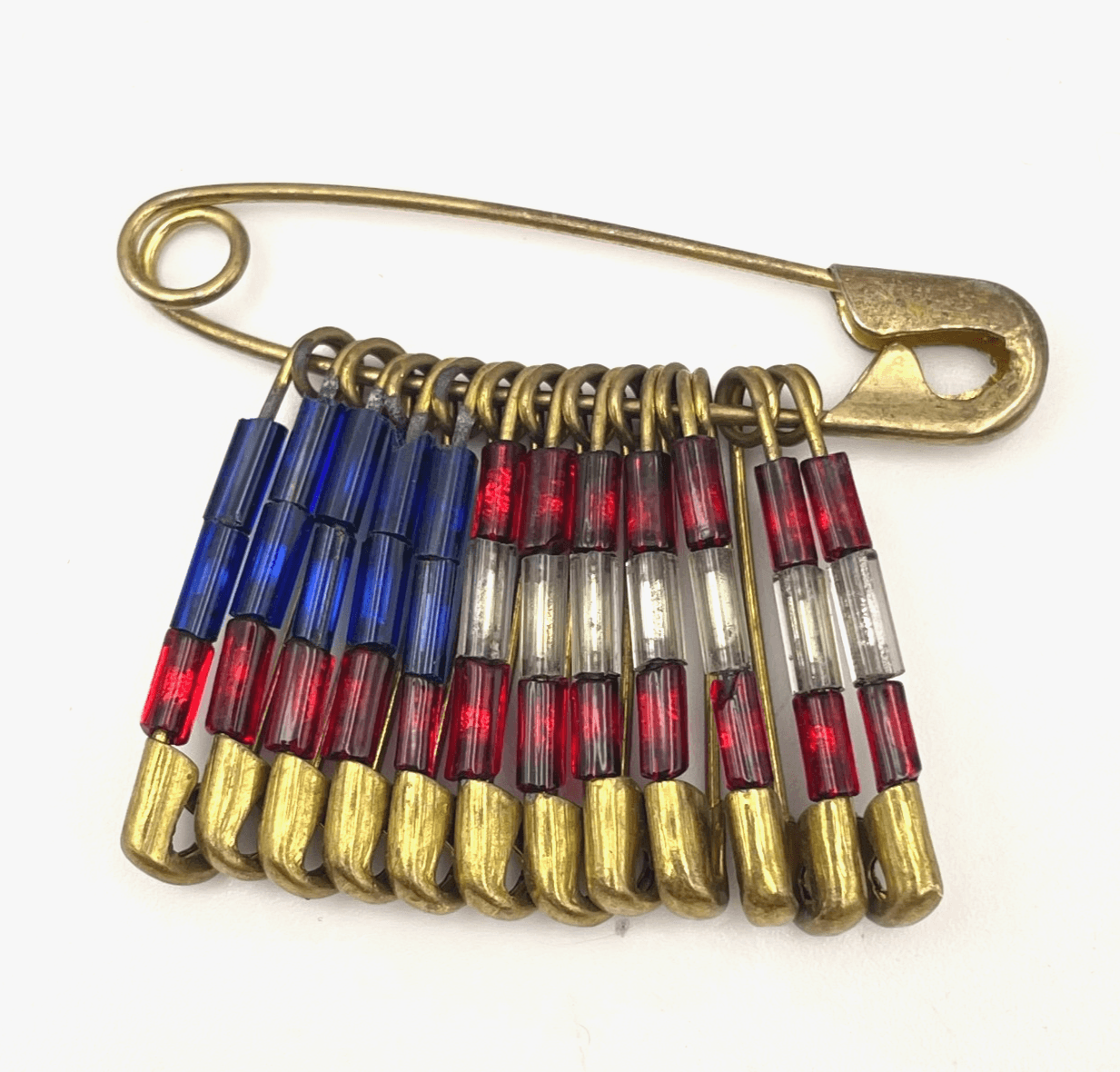 Vintage 90s Gold Tone USA Flag Safety Pin Brooch Glass Bead Patriotic Jewelry - Image 1