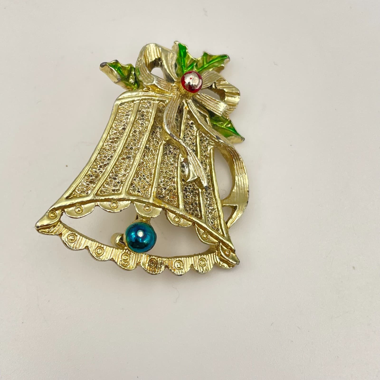 Vintage 80s Gerrys Christmas Bell Brooch GoldTone Enamel Holly Beads Pin Jewelry - Image 1