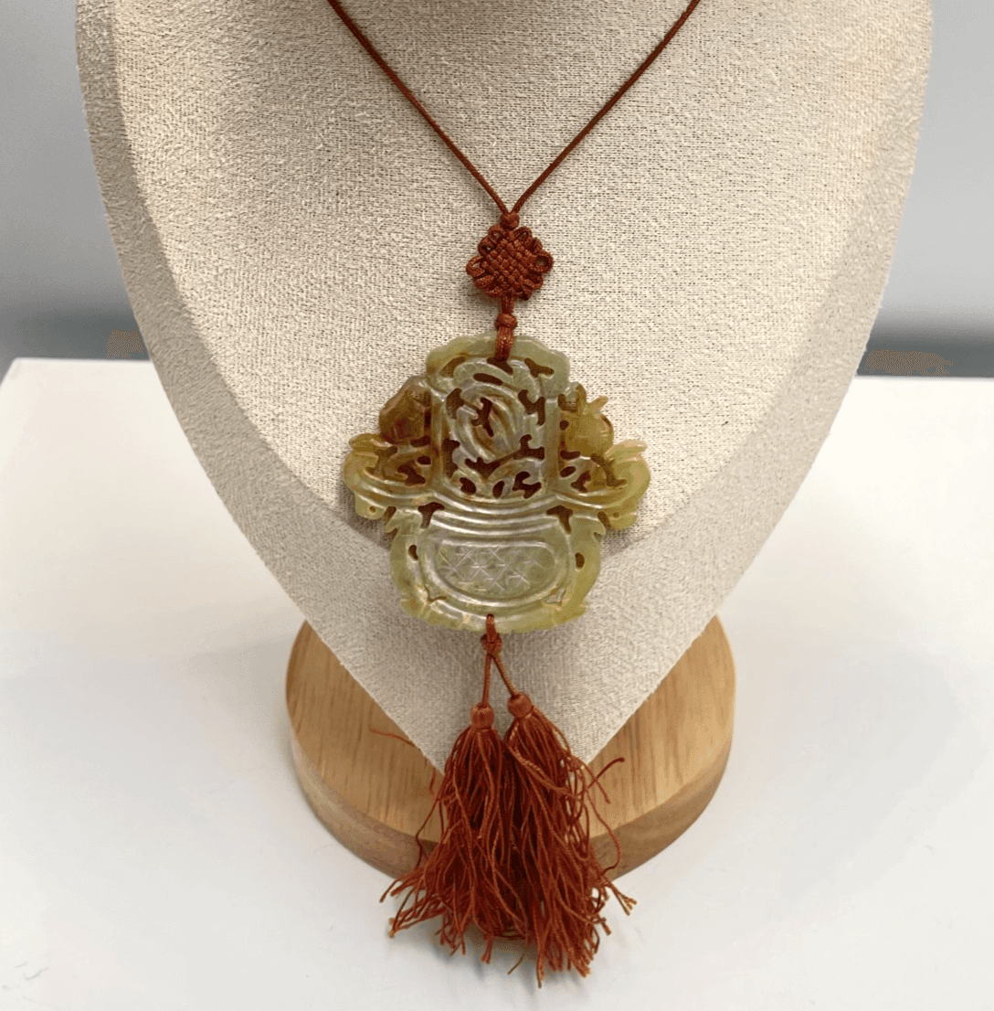 Vintage 90s Carved Celadon Pendant Necklace Tassel Brown Cord Boho Jewelry - Image 1