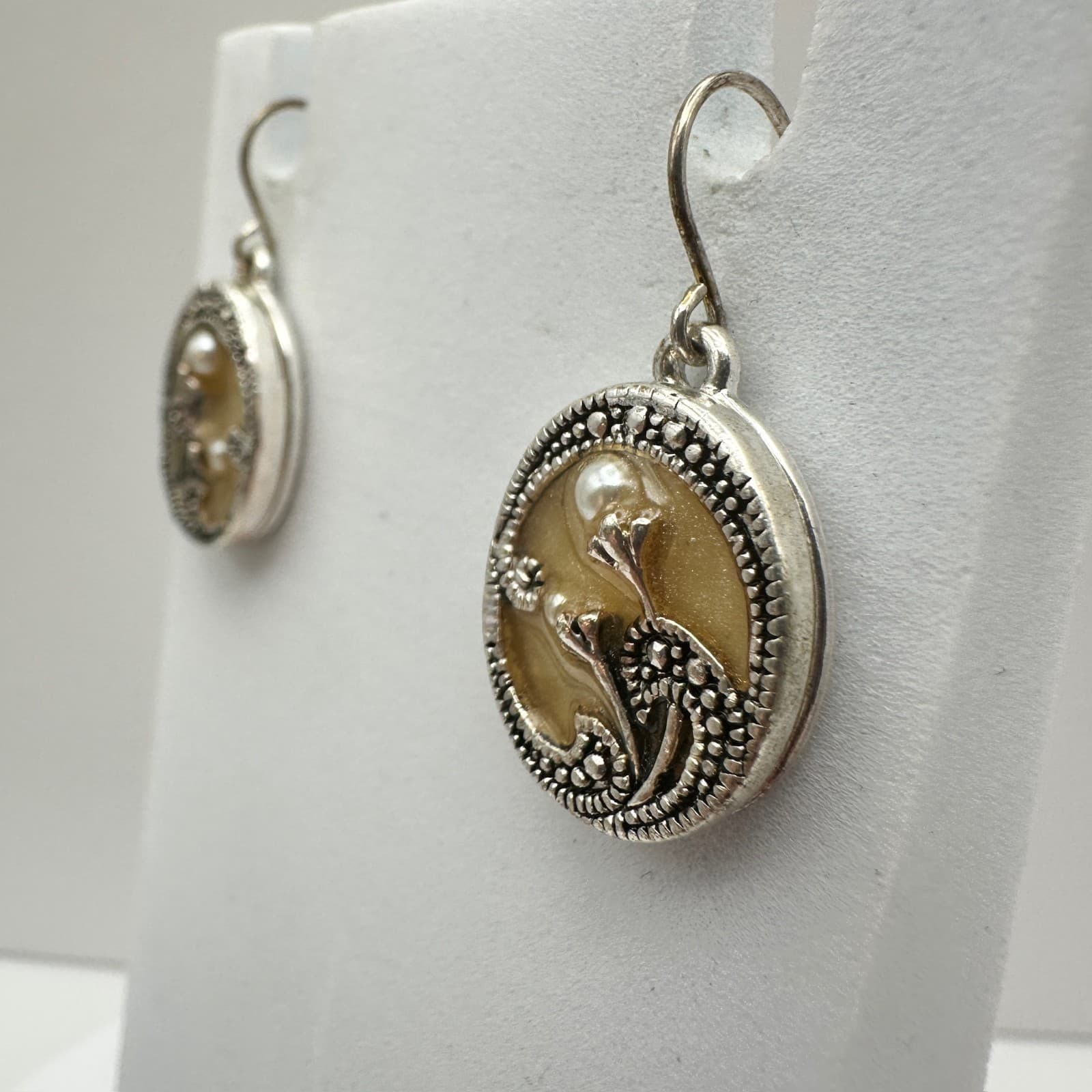 VTG Silver Tone Boho Dangle Earrings Faux Pearl Floral Hook Women's Jewellery - Thumbnail 4