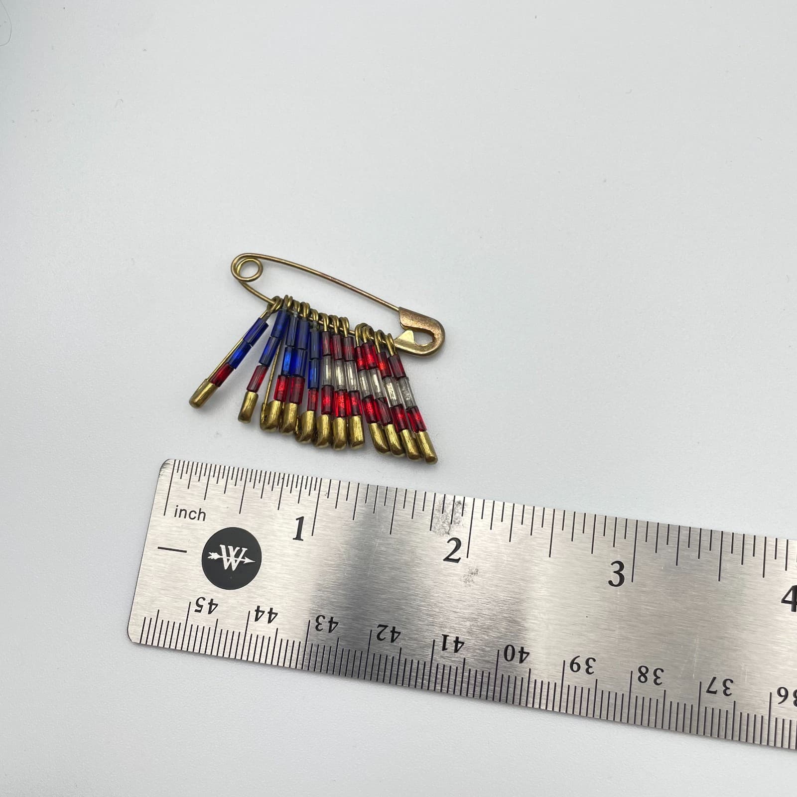 Vintage 90s Gold Tone USA Flag Safety Pin Brooch Glass Bead Patriotic Jewelry - Thumbnail 7