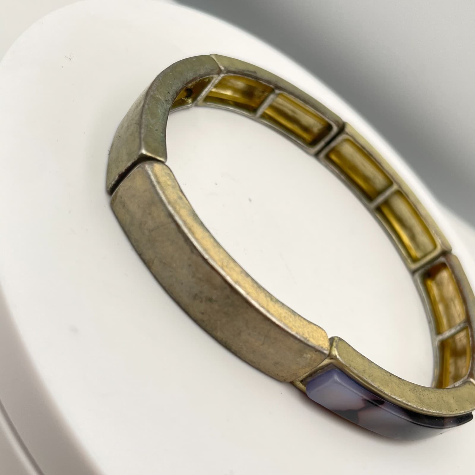 Vintage 90s GoldTone Stretch Bracelet Grey Black Marble Glass Chunky Cuff Bangle - Thumbnail 4