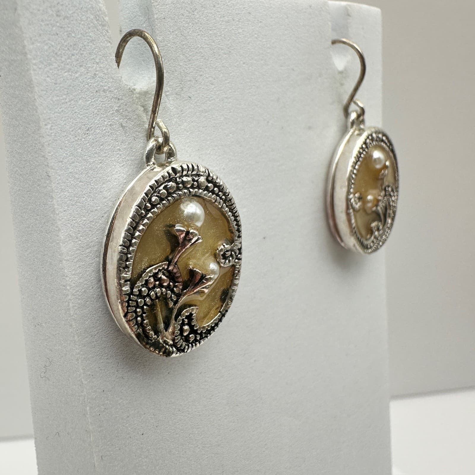 VTG Silver Tone Boho Dangle Earrings Faux Pearl Floral Hook Women's Jewellery - Thumbnail 3