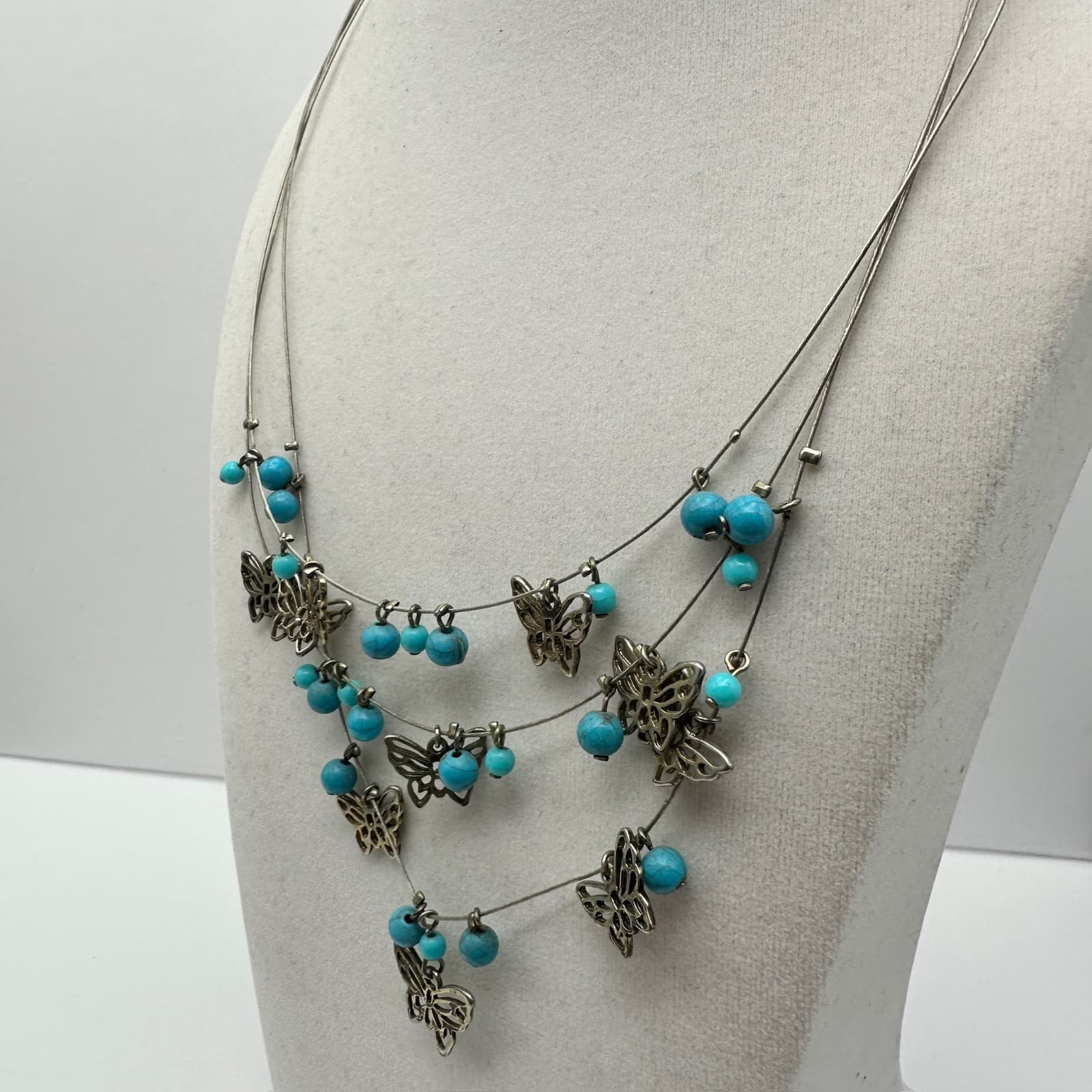 Vintage Layered Necklace Blue Stone Butterfly Silver Tone Women's Jewellery - Thumbnail 4