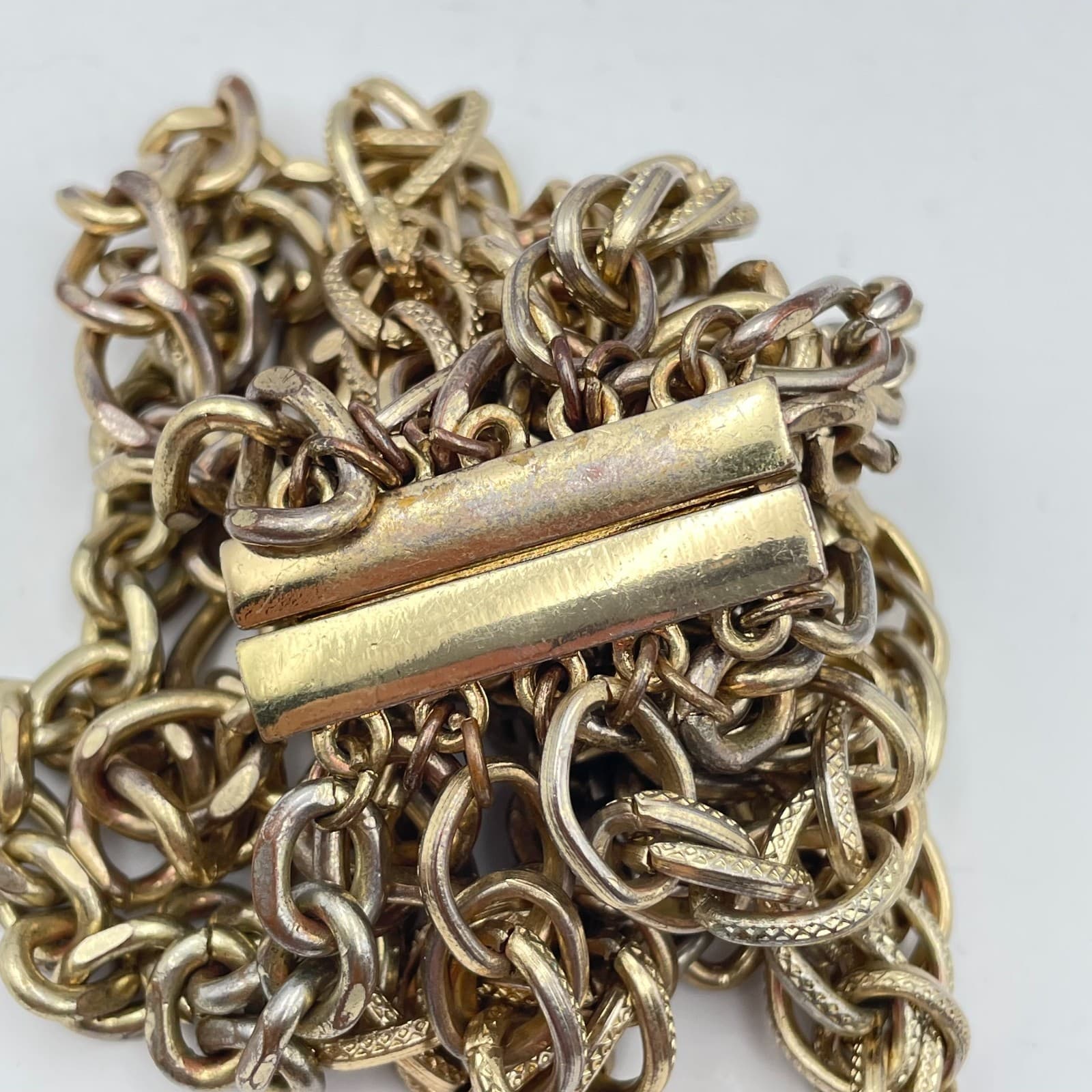 Vintage 80s 90s Gold Tone Multi Strand Chunky Curb Chain Statement Bracelet - Thumbnail 3