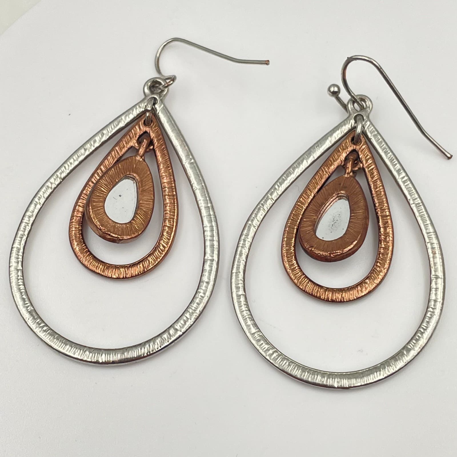 Vintage 90s Clear Rhinestone Teardrop Dangle Earrings Silver/Copper Tone Jewelry - Thumbnail 5