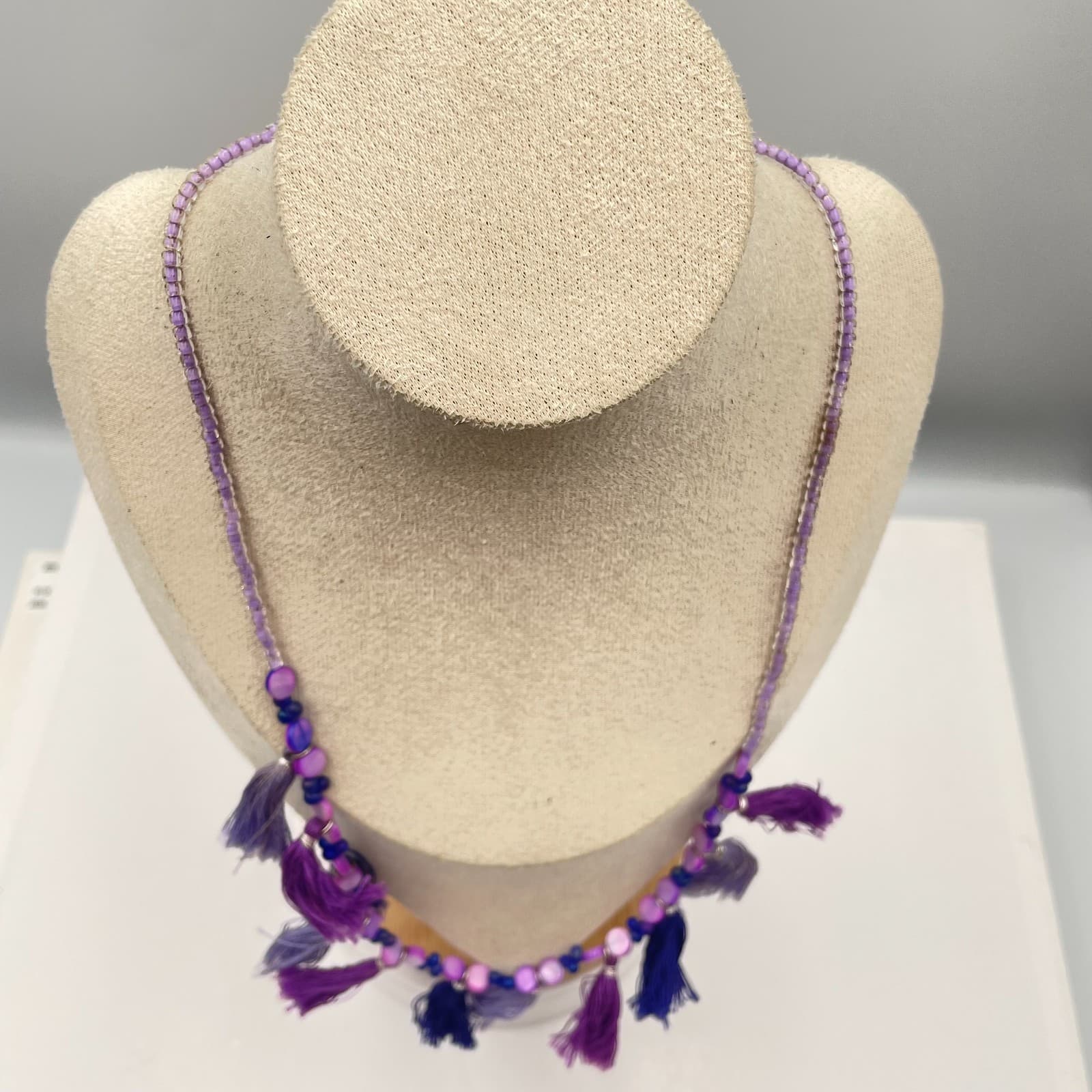 Vintage 90s Purple Beaded Tassel Necklace Boho Retro Women's Classic Jewelry - Thumbnail 2