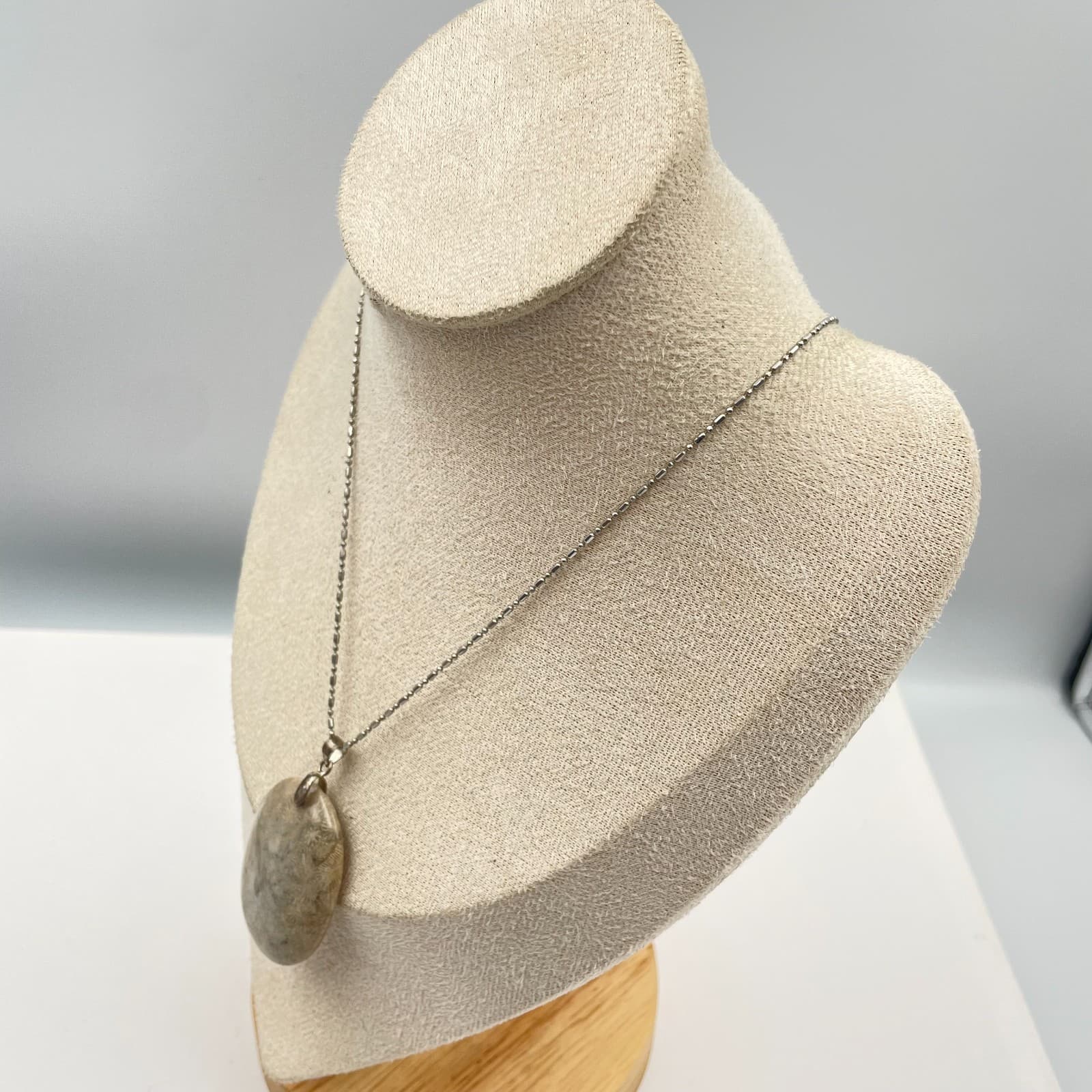 Vintage Natural Agatized Fossil Coral Oval Pendant Necklace Bar Bead Chain Gift - Thumbnail 6