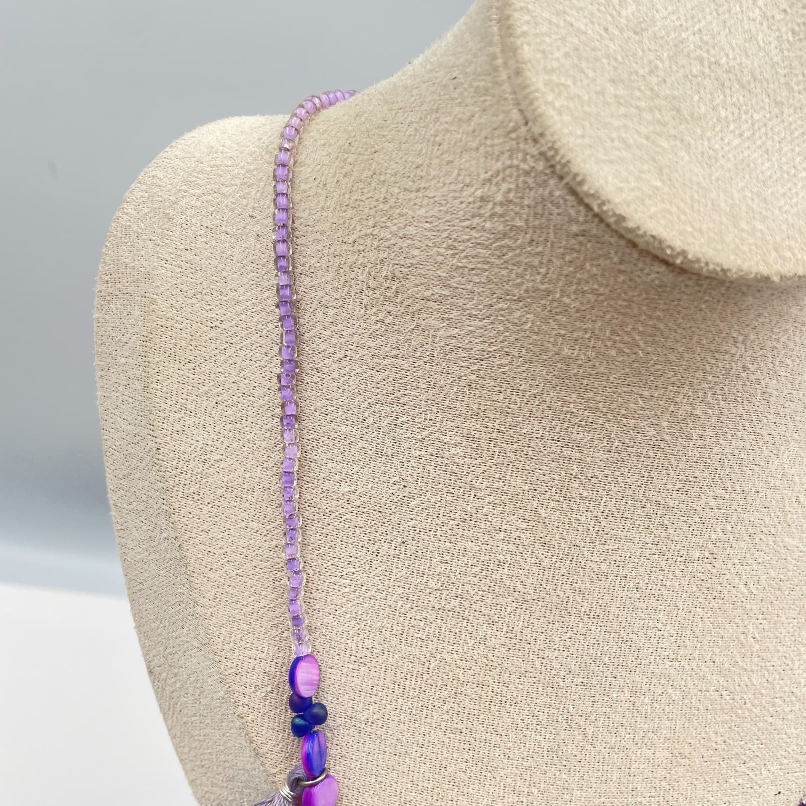 Vintage 90s Purple Beaded Tassel Necklace Boho Retro Women's Classic Jewelry - Thumbnail 3