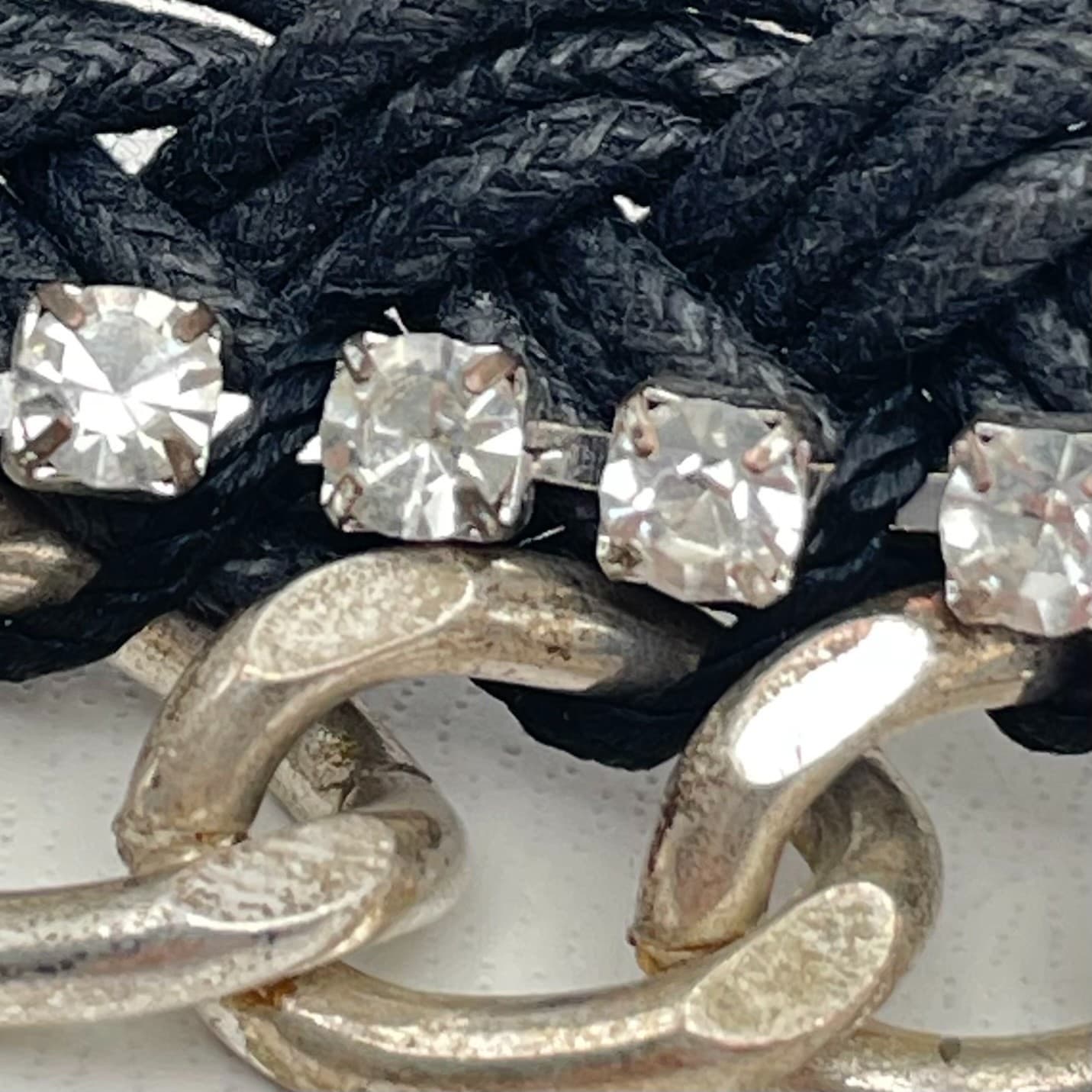 Vintage 90s Mixed Media lace Cord Silver Tone Rhinestone Chain Bracelet Jewelry - Thumbnail 7