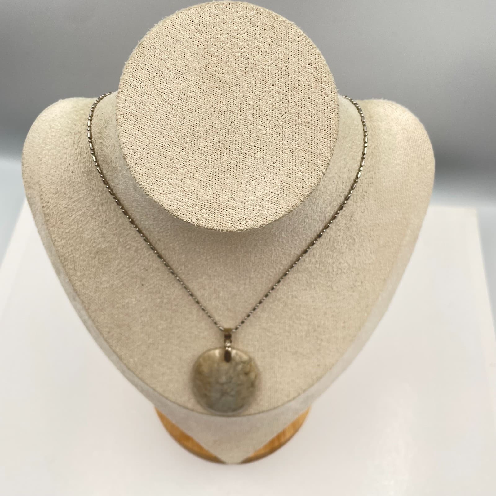 Vintage Natural Agatized Fossil Coral Oval Pendant Necklace Bar Bead Chain Gift - Thumbnail 3