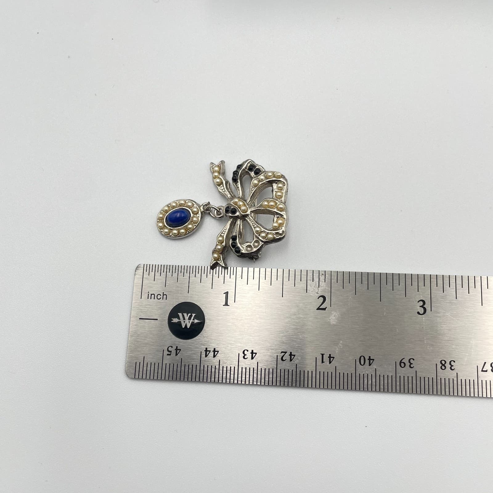Vintage 90s Silver Tone Faux Pearl Blue Cabochon Dangle Bow Brooch Pin Jewelry - Thumbnail 8