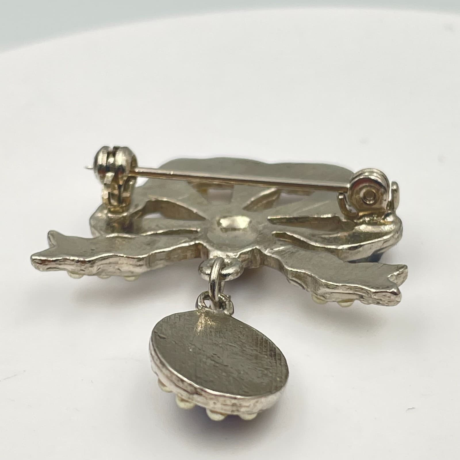 Vintage 90s Silver Tone Faux Pearl Blue Cabochon Dangle Bow Brooch Pin Jewelry - Thumbnail 7