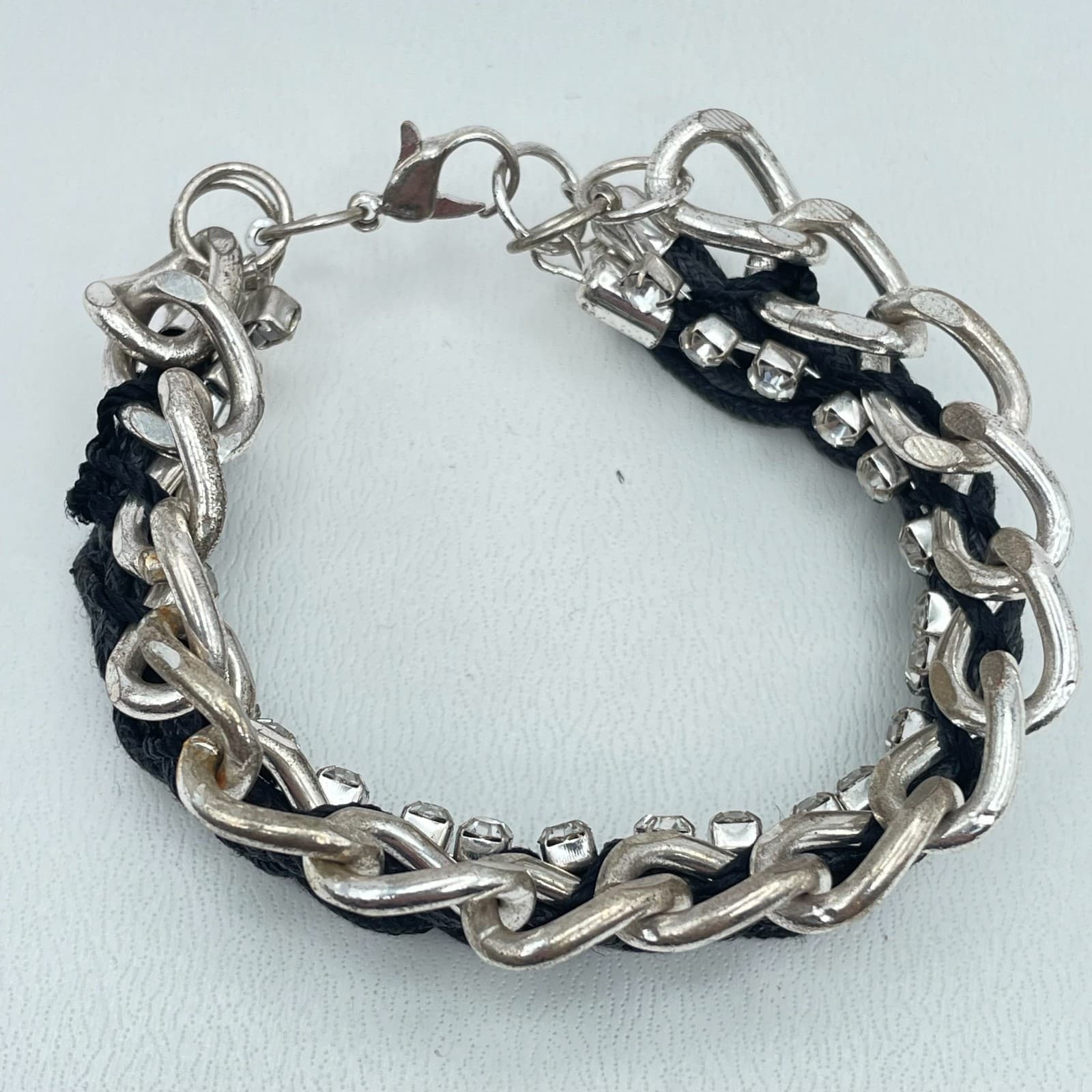 Vintage 90s Mixed Media lace Cord Silver Tone Rhinestone Chain Bracelet Jewelry - Thumbnail 2