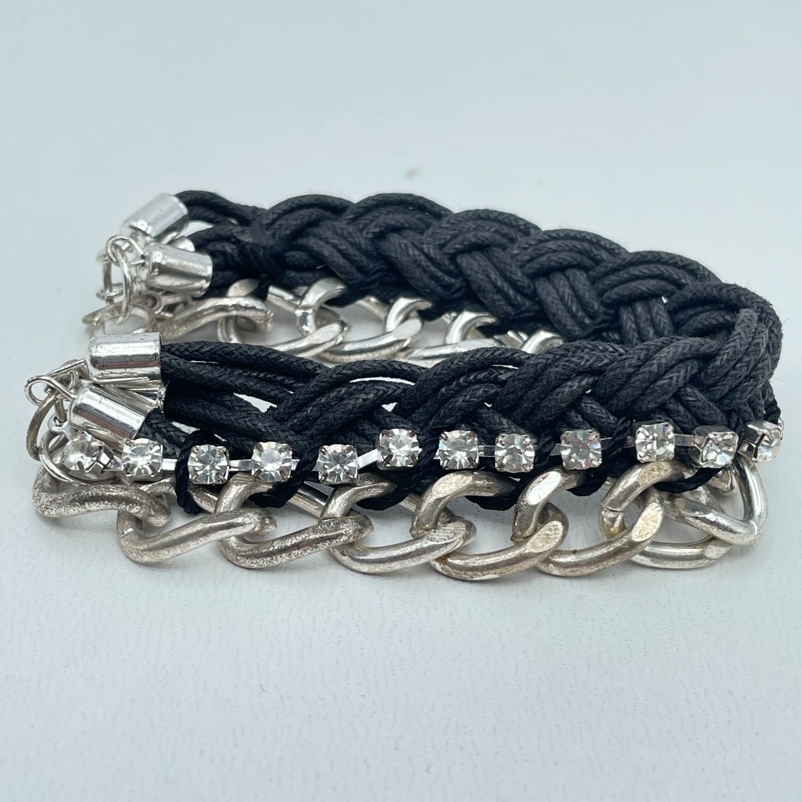 Vintage 90s Mixed Media lace Cord Silver Tone Rhinestone Chain Bracelet Jewelry - Thumbnail 3