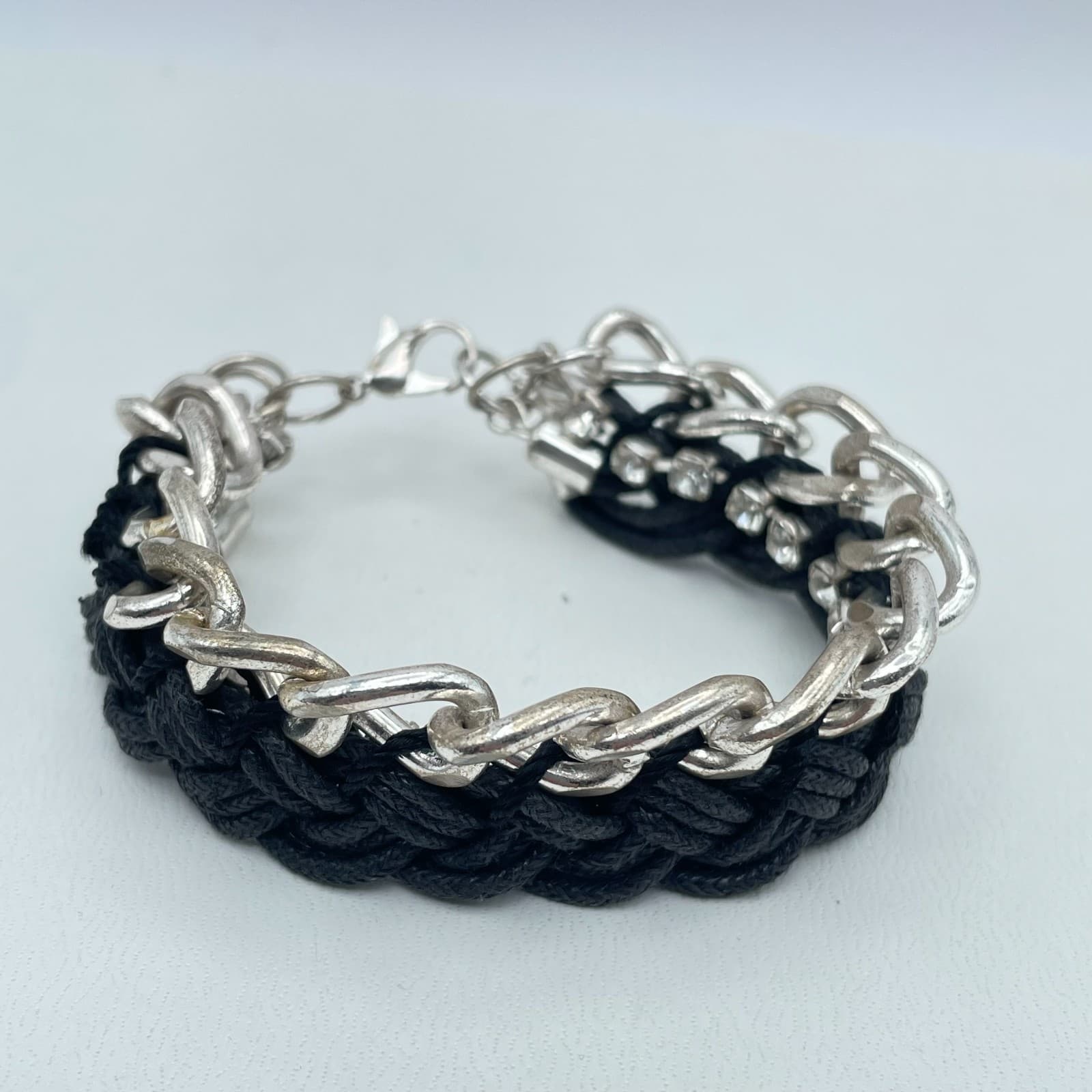 Vintage 90s Mixed Media lace Cord Silver Tone Rhinestone Chain Bracelet Jewelry - Image 1