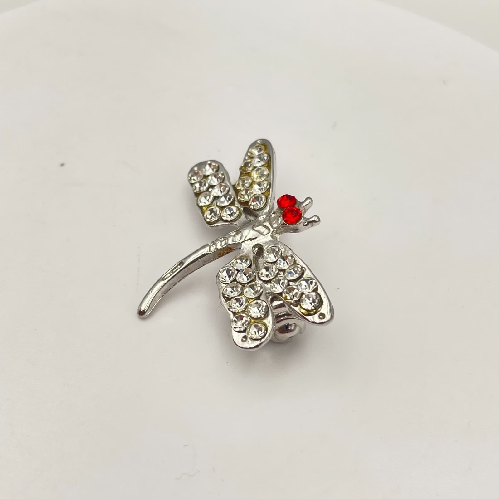 Vintage 90s Silver Tone Dragonfly Brooch Clear Red Glass Wings Fashion Pin - Thumbnail 2