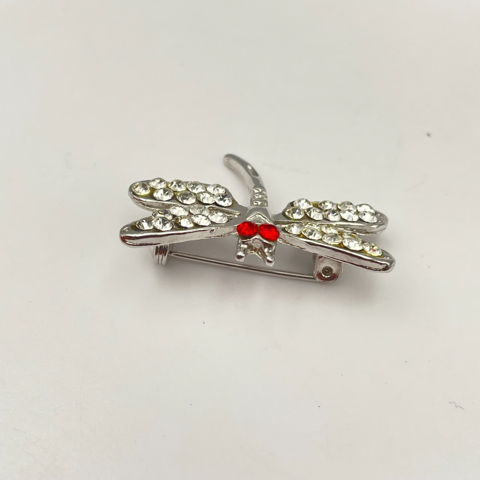 Vintage 90s Silver Tone Dragonfly Brooch Clear Red Glass Wings Fashion Pin - Thumbnail 3