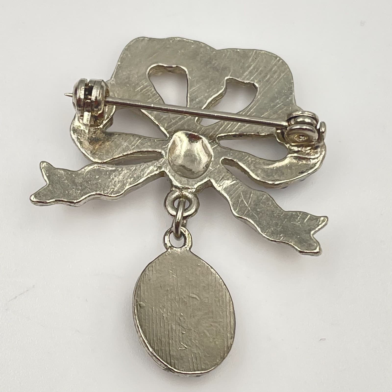 Vintage 90s Silver Tone Faux Pearl Blue Cabochon Dangle Bow Brooch Pin Jewelry - Thumbnail 6