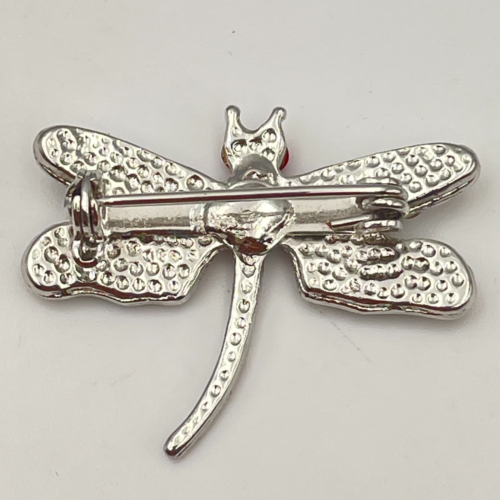 Vintage 90s Silver Tone Dragonfly Brooch Clear Red Glass Wings Fashion Pin - Thumbnail 5