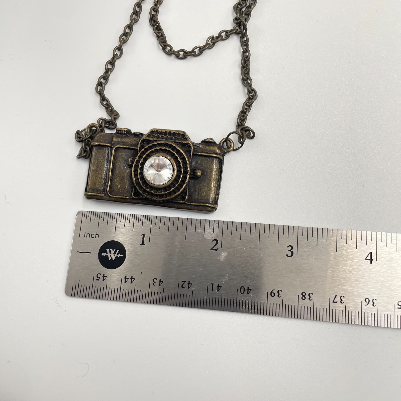 Vintage 90s Camera Pendant Necklace Bronze Tone Glass Stone Photographer Gift - Thumbnail 8