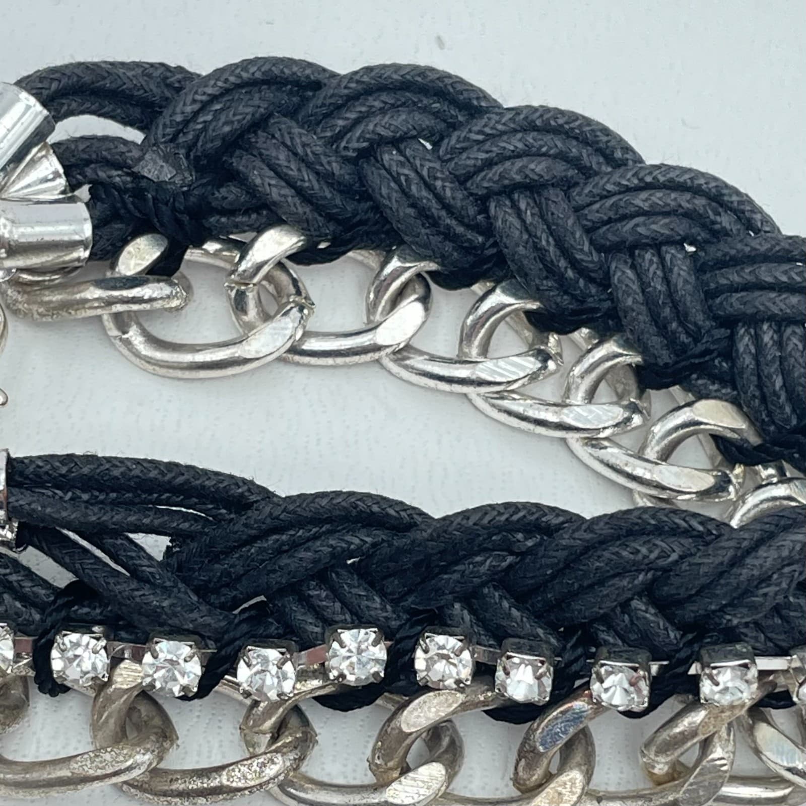 Vintage 90s Mixed Media lace Cord Silver Tone Rhinestone Chain Bracelet Jewelry - Thumbnail 6