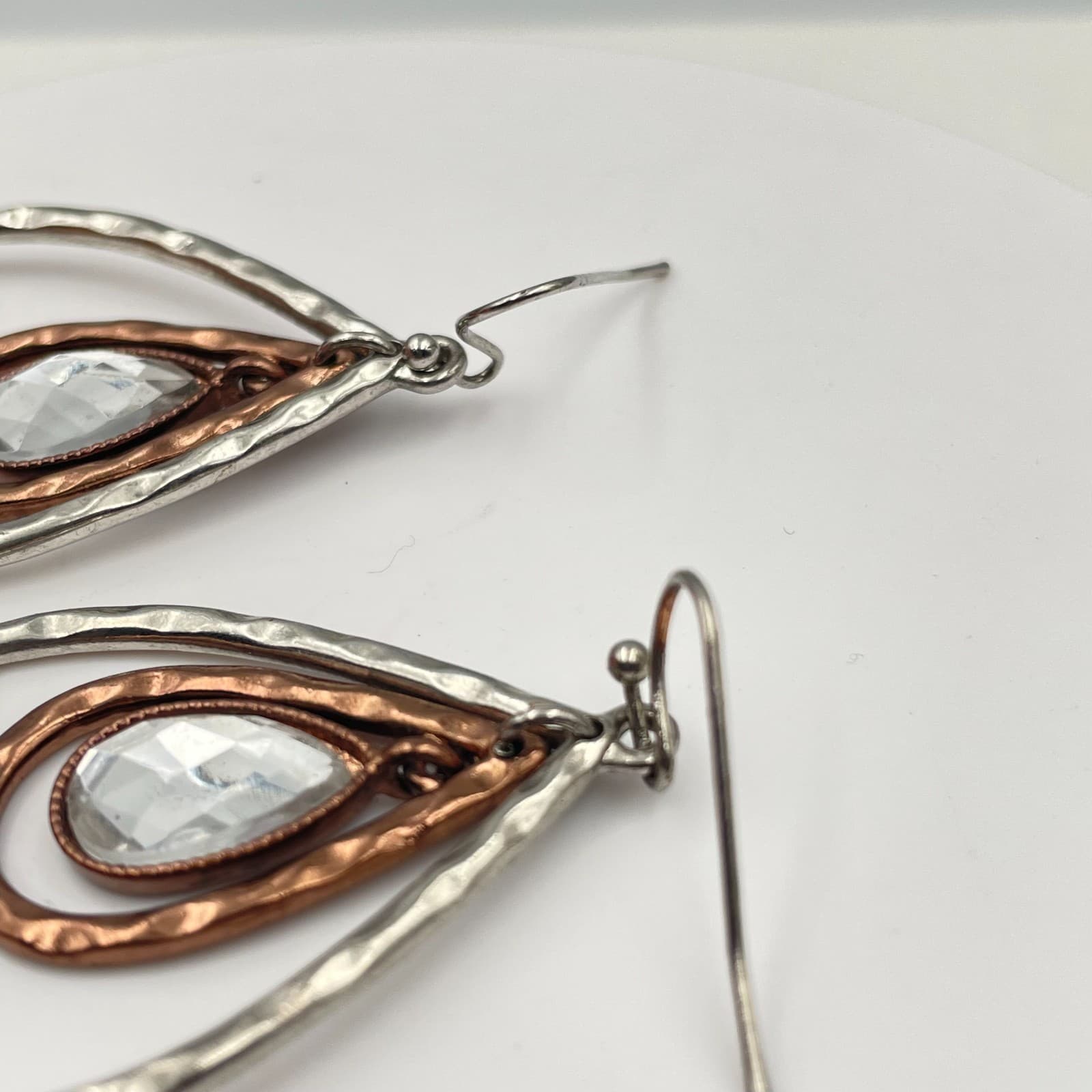 Vintage 90s Clear Rhinestone Teardrop Dangle Earrings Silver/Copper Tone Jewelry - Thumbnail 3