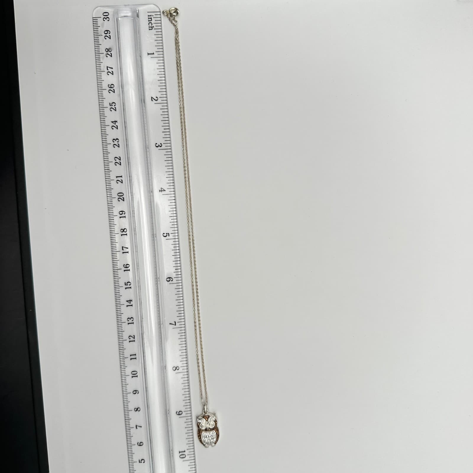 Vintage Silver Tone Owl Pendant Necklace Brown Clear Rhinestone Jewelry Y2K - Thumbnail 8
