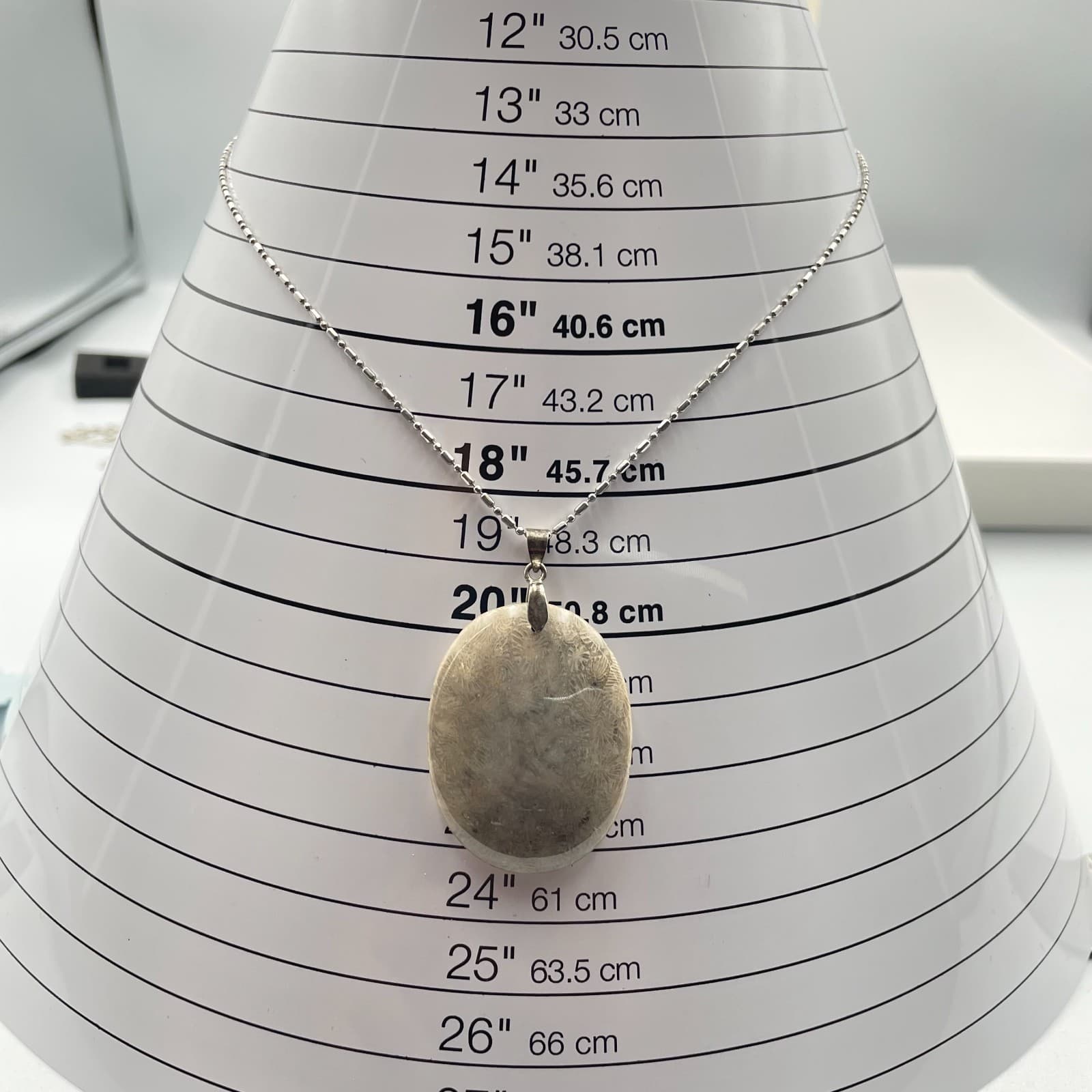 Vintage Natural Agatized Fossil Coral Oval Pendant Necklace Bar Bead Chain Gift - Thumbnail 8