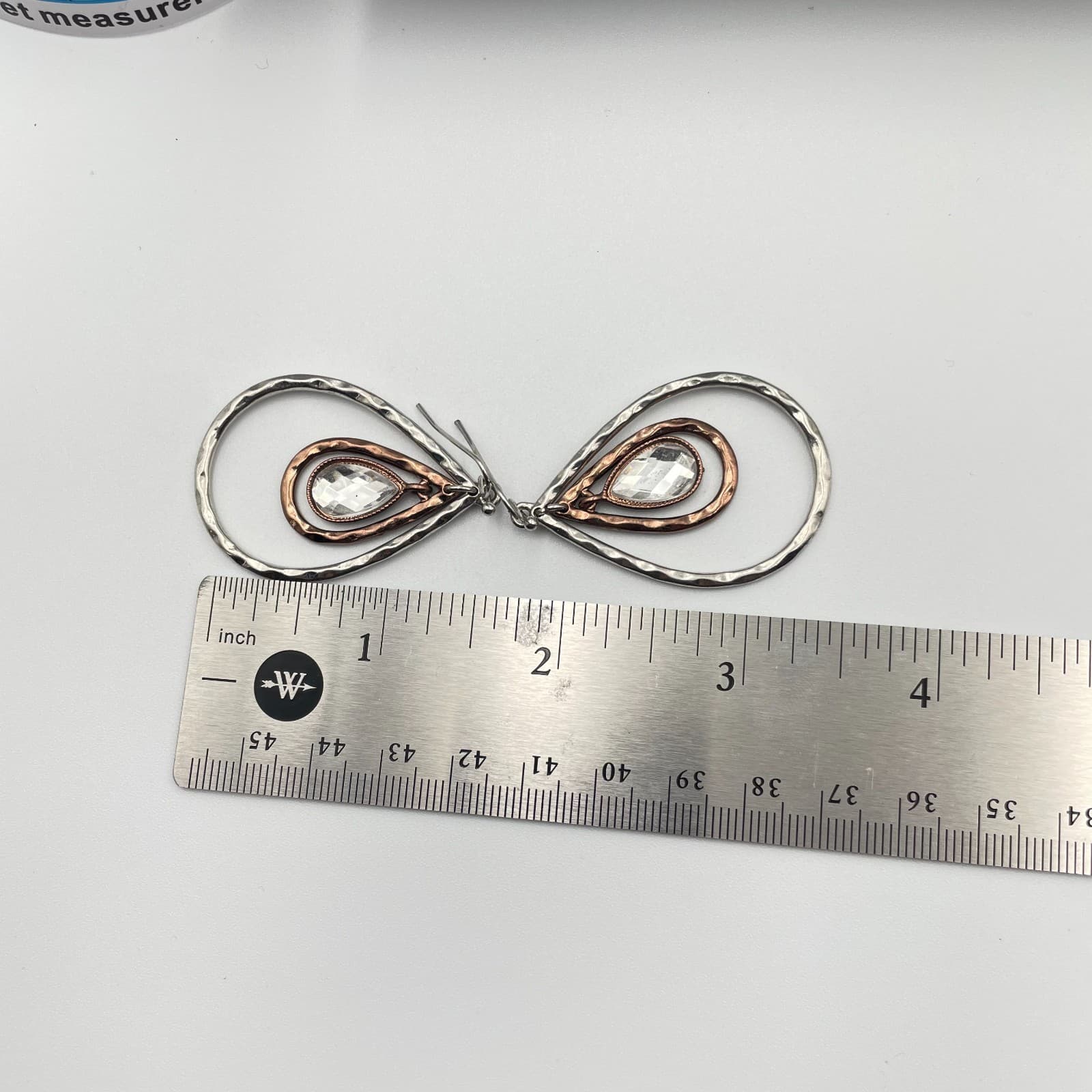 Vintage 90s Clear Rhinestone Teardrop Dangle Earrings Silver/Copper Tone Jewelry - Thumbnail 7