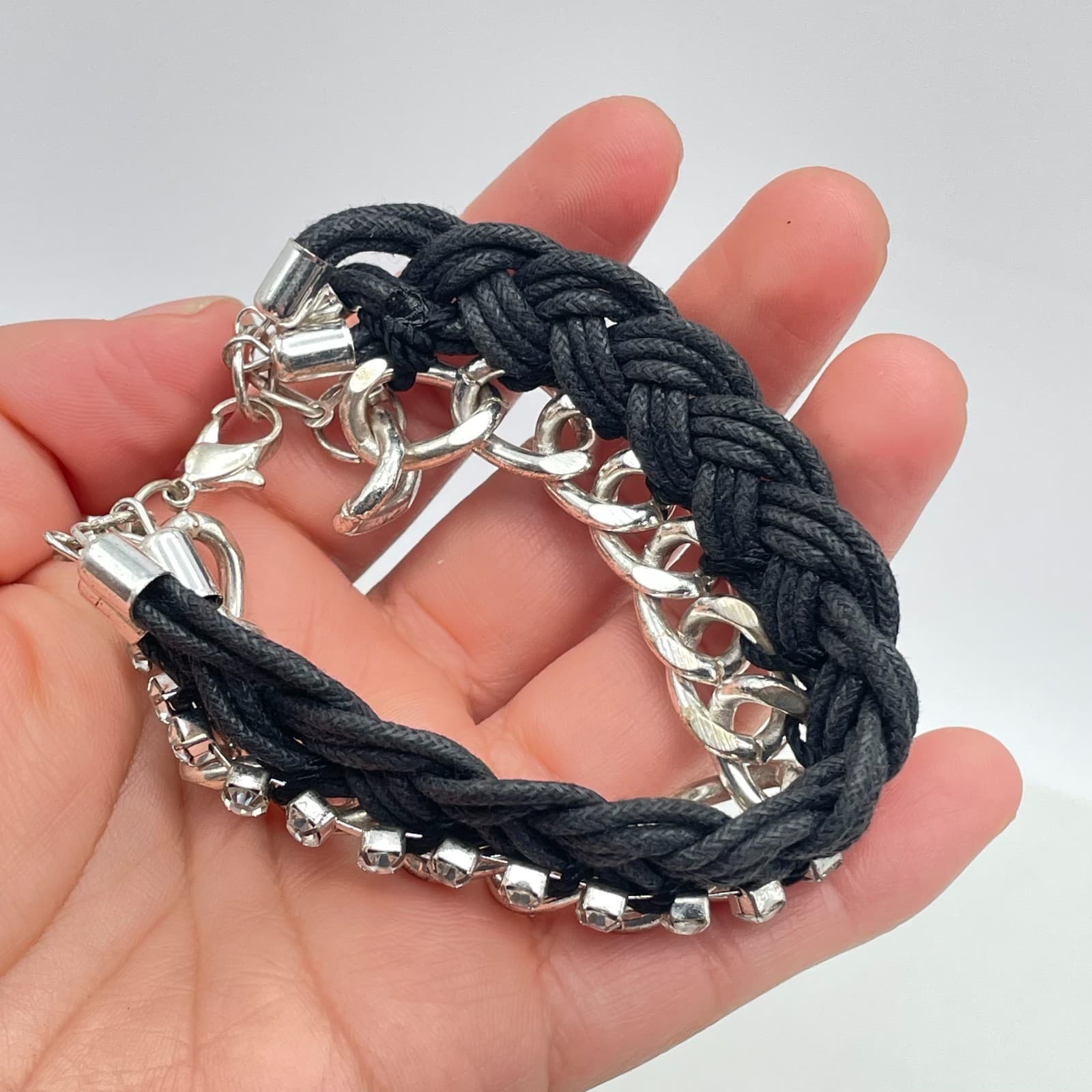 Vintage 90s Mixed Media lace Cord Silver Tone Rhinestone Chain Bracelet Jewelry - Thumbnail 4