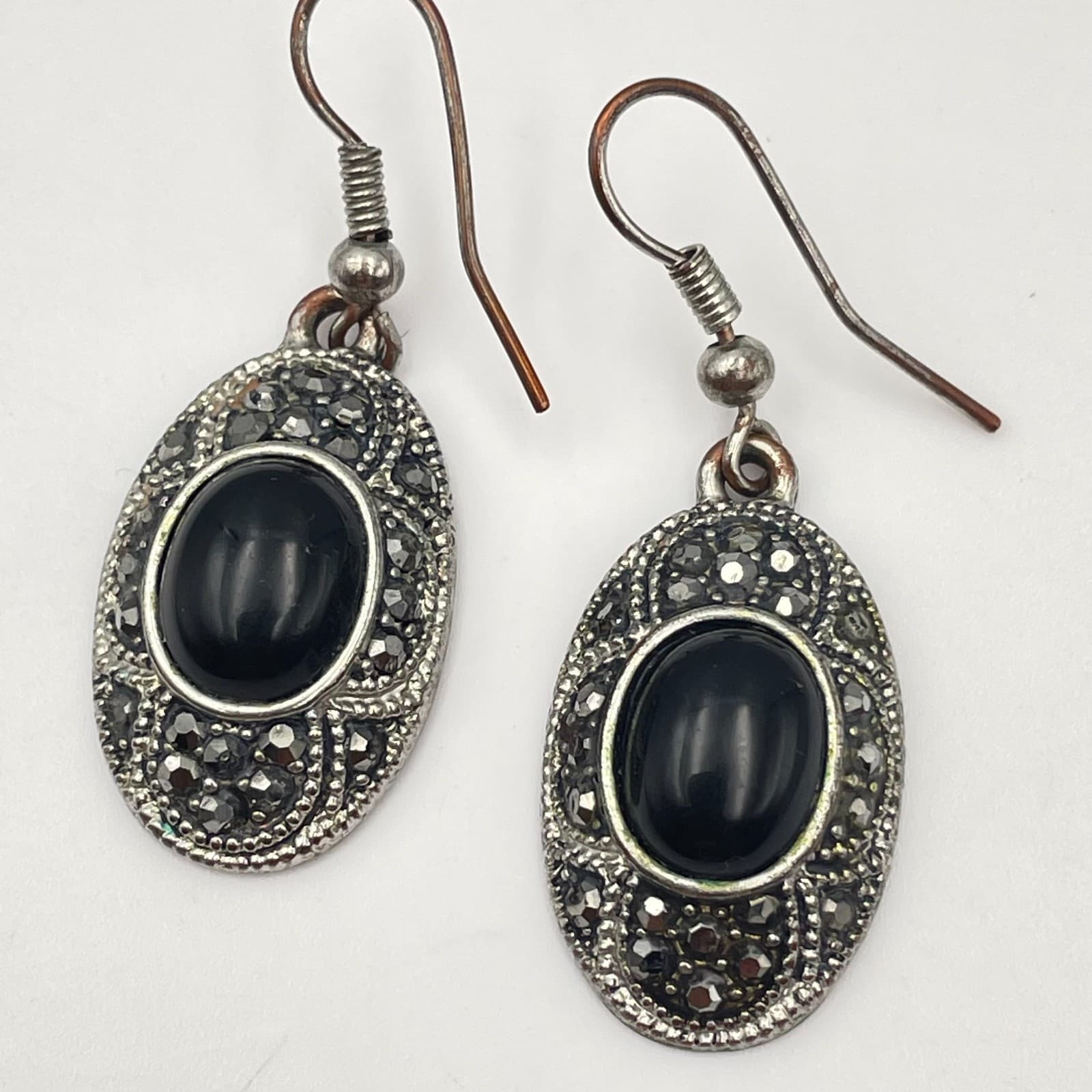 Vintage 90s Silver Tone Marcasite Black Onyx Oval Drop Earrings Women's Jewelry - Thumbnail 5