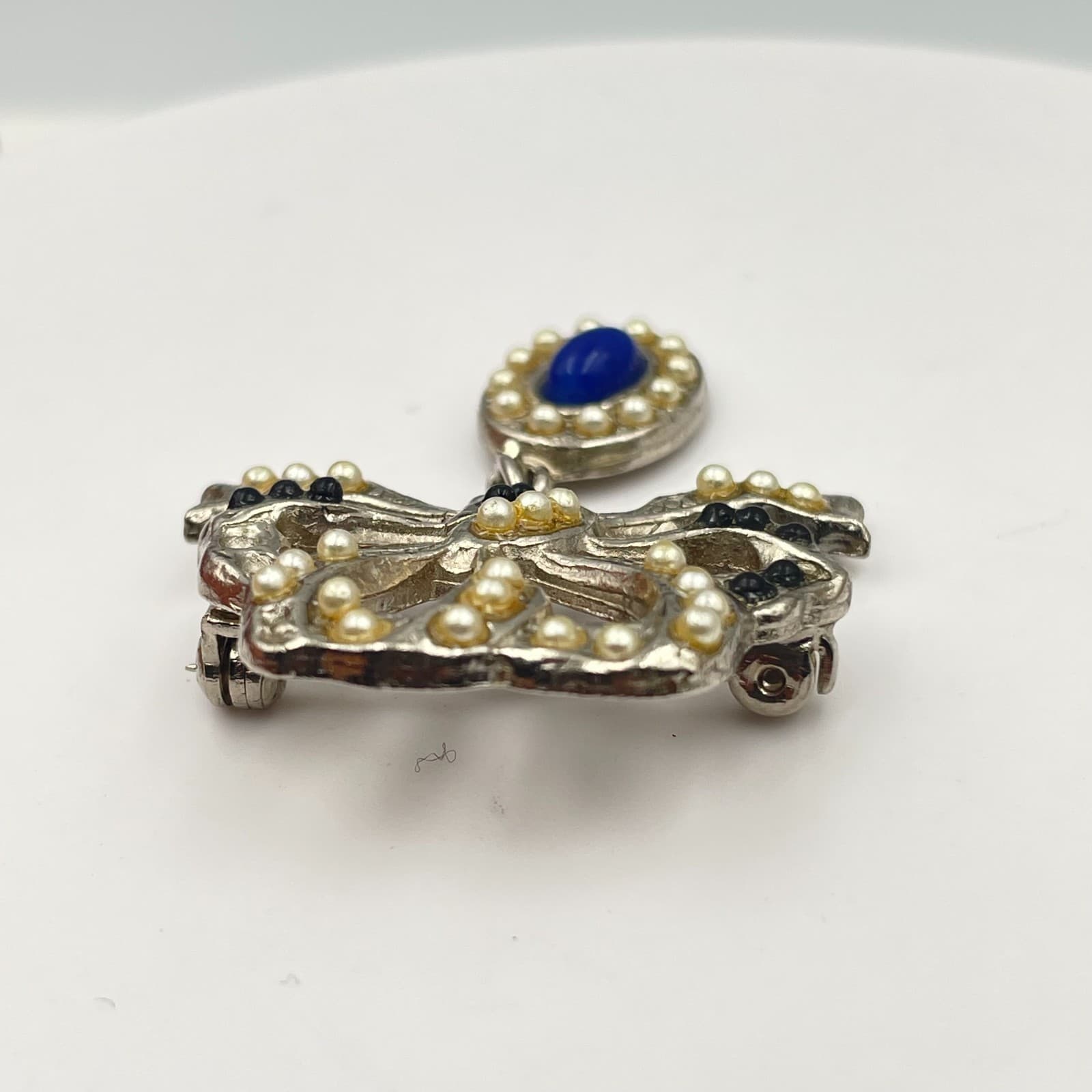 Vintage 90s Silver Tone Faux Pearl Blue Cabochon Dangle Bow Brooch Pin Jewelry - Thumbnail 3