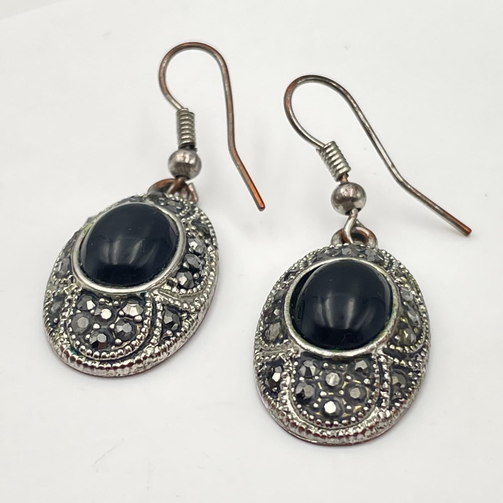 Vintage 90s Silver Tone Marcasite Black Onyx Oval Drop Earrings Women's Jewelry - Thumbnail 2
