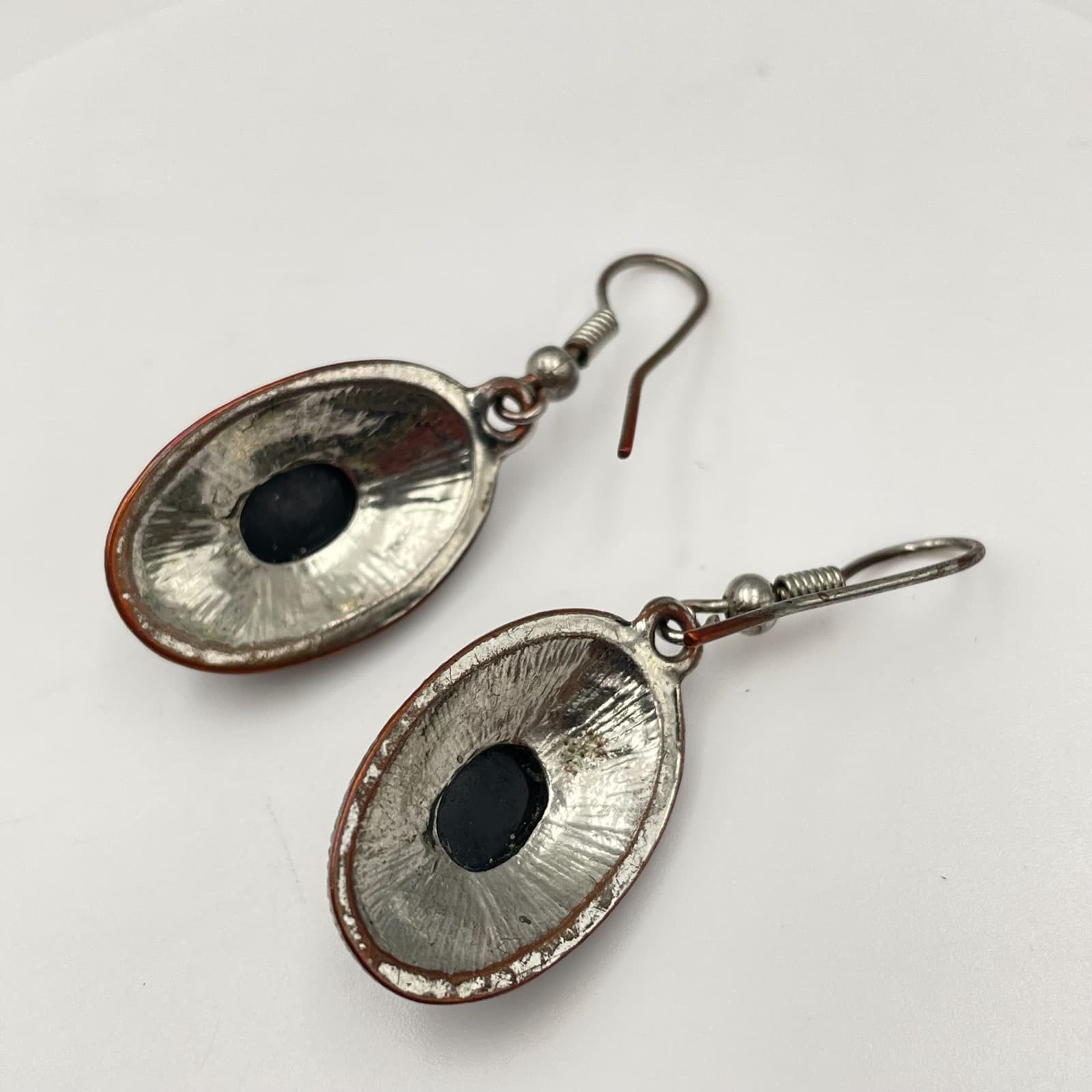 Vintage 90s Silver Tone Marcasite Black Onyx Oval Drop Earrings Women's Jewelry - Thumbnail 6