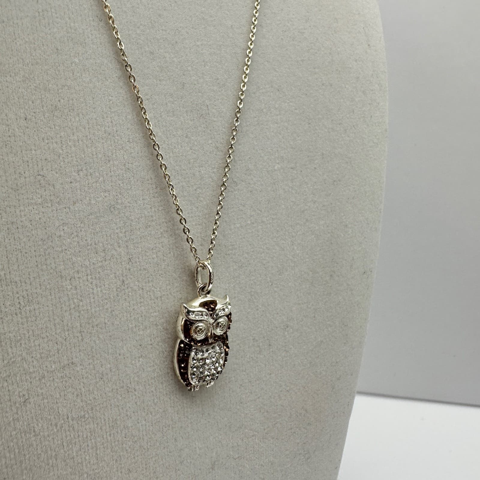 Vintage Silver Tone Owl Pendant Necklace Brown Clear Rhinestone Jewelry Y2K - Thumbnail 4