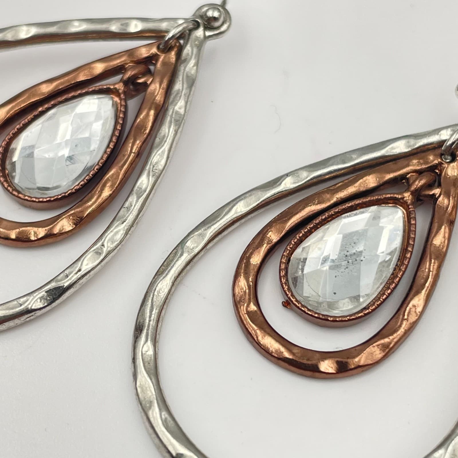 Vintage 90s Clear Rhinestone Teardrop Dangle Earrings Silver/Copper Tone Jewelry - Thumbnail 4