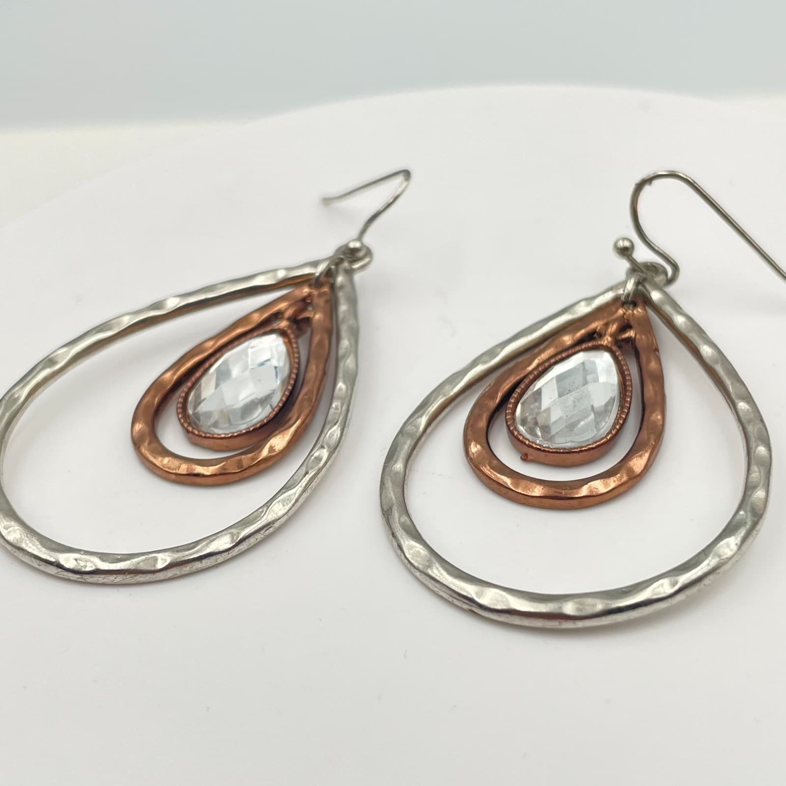 Vintage 90s Clear Rhinestone Teardrop Dangle Earrings Silver/Copper Tone Jewelry - Thumbnail 2