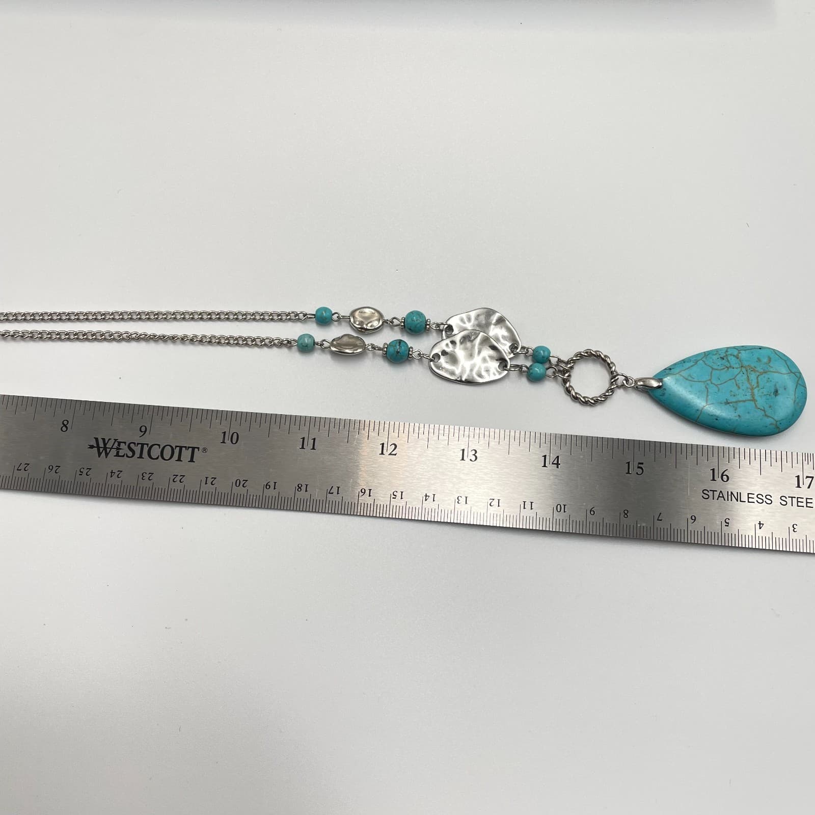 Vintage 90s Blue Faux Turquoise Teardrop Pendant Silver Tone Necklace Boho Style - Thumbnail 9