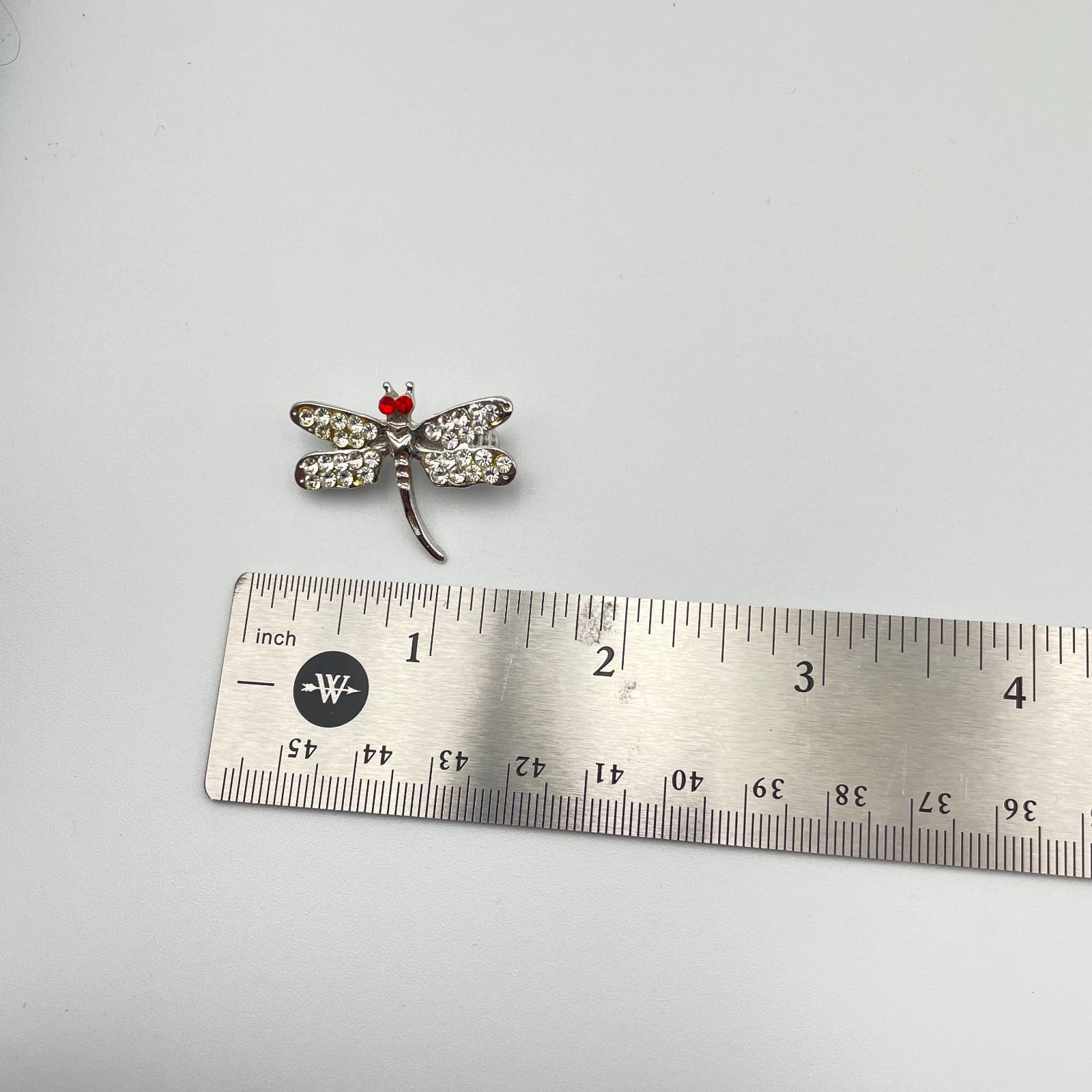 Vintage 90s Silver Tone Dragonfly Brooch Clear Red Glass Wings Fashion Pin - Thumbnail 6