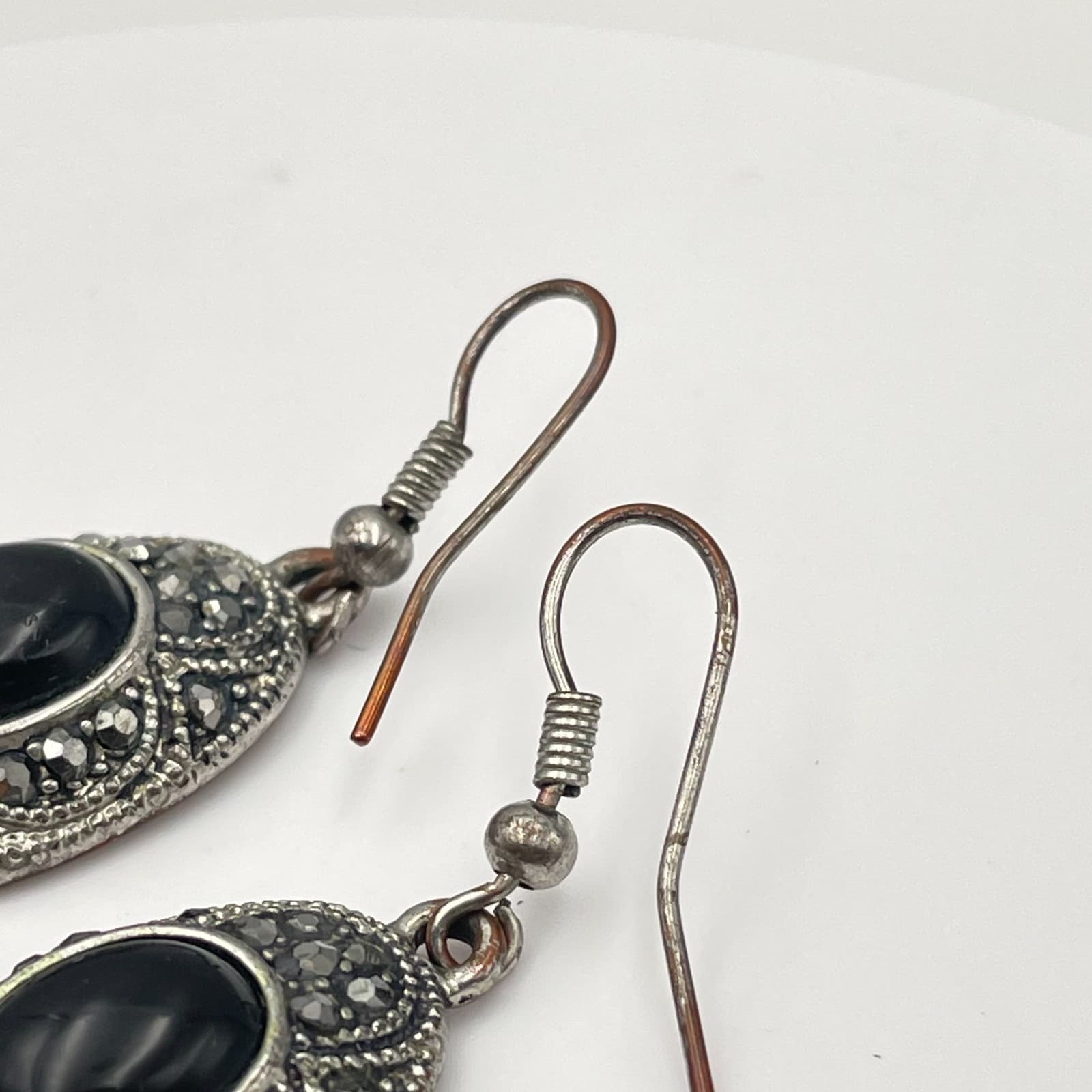 Vintage 90s Silver Tone Marcasite Black Onyx Oval Drop Earrings Women's Jewelry - Thumbnail 3