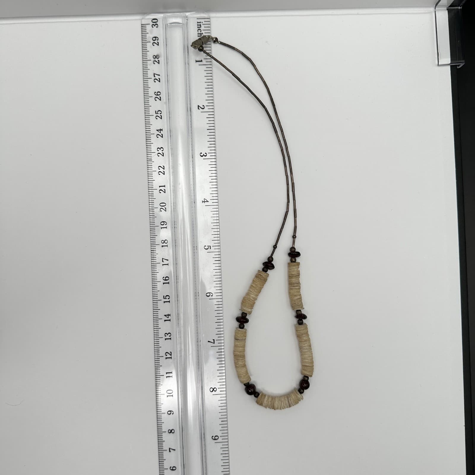 Vintage Off-White Shell Heishi Necklace Red Glass Beaded Women's Jewellery - Thumbnail 6