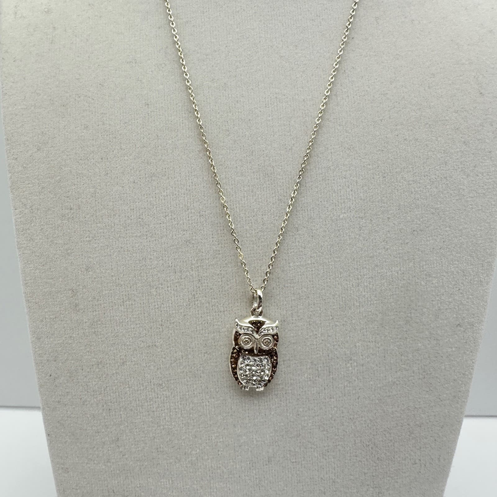 Vintage Silver Tone Owl Pendant Necklace Brown Clear Rhinestone Jewelry Y2K - Thumbnail 3