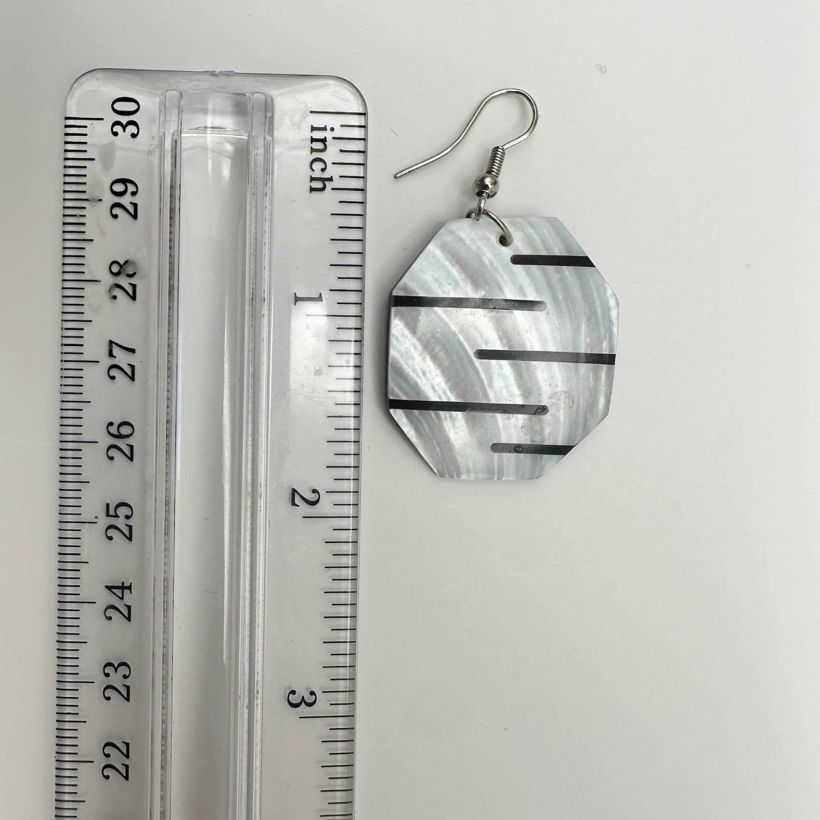 Vintage Y2K Geometric Mother of Pearl Inlaid Black Stripe Dangle Earrings Hook - Thumbnail 8